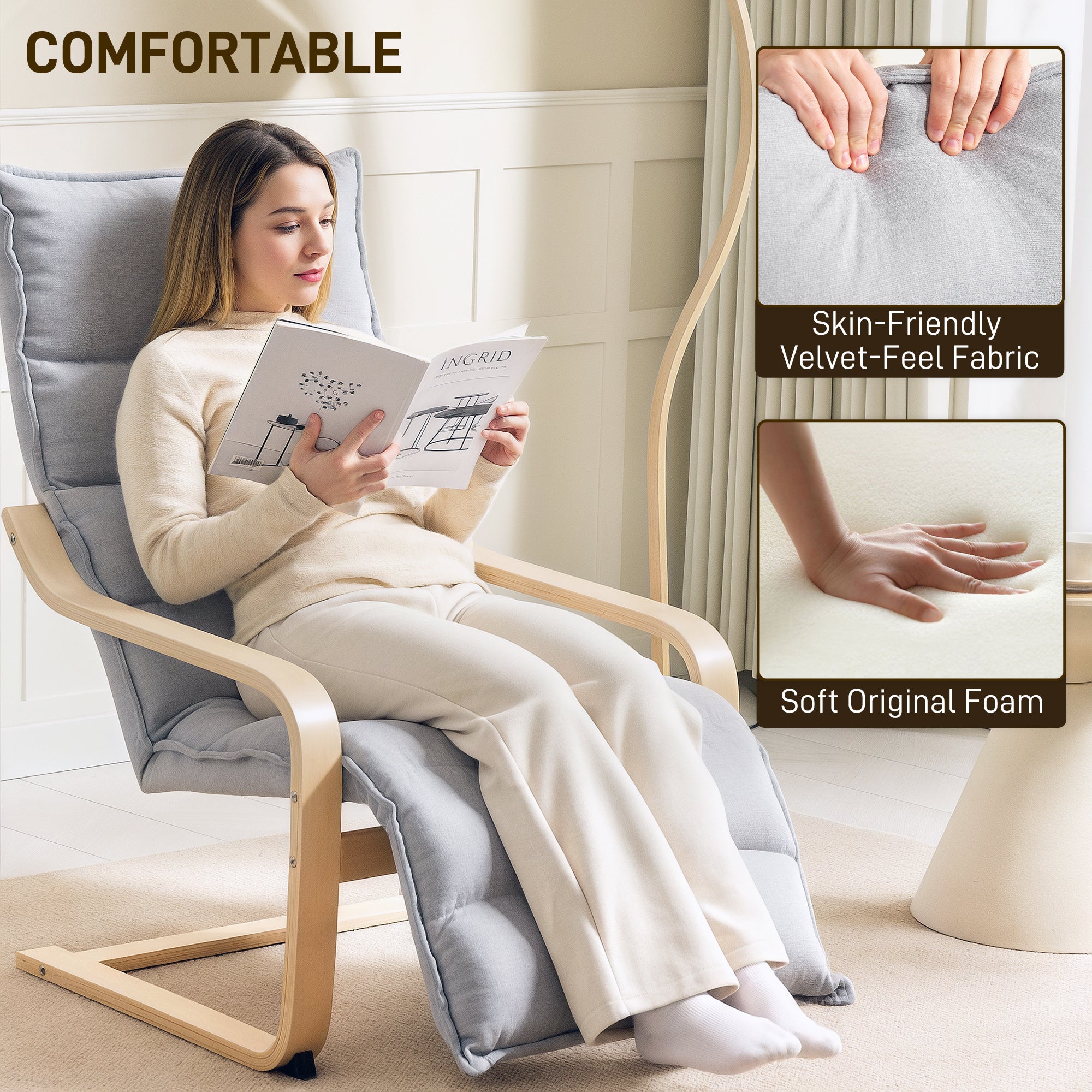 Accent Chair, Velvet Upholstered Living Room Chair with Footrest, Wood Frame, Light Grey