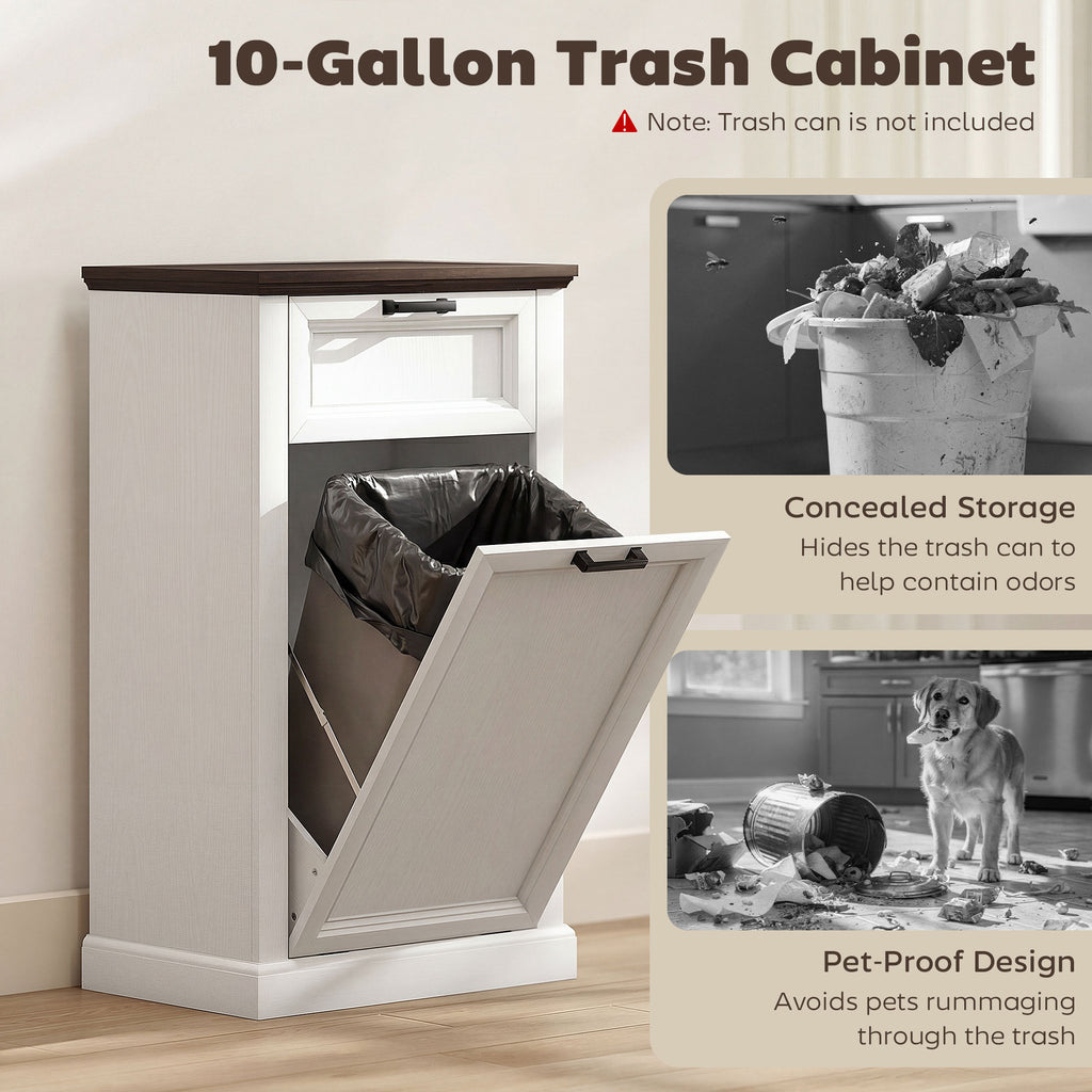 10 Gallon Trash Can Cabinet with Drawer, Farmhouse Tilt Out Garbage Cabinet Laundry Hamper, White Wood Effect