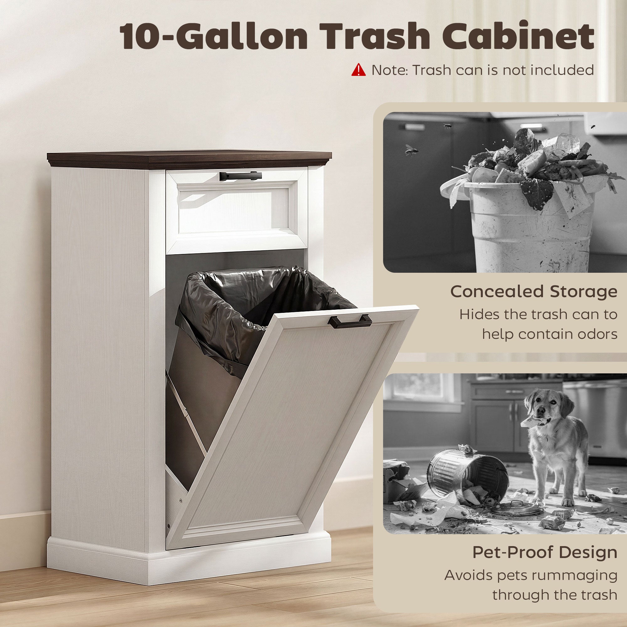 10 Gallon Trash Can Cabinet with Drawer, Farmhouse Tilt Out Garbage Cabinet Laundry Hamper, White Wood Effect