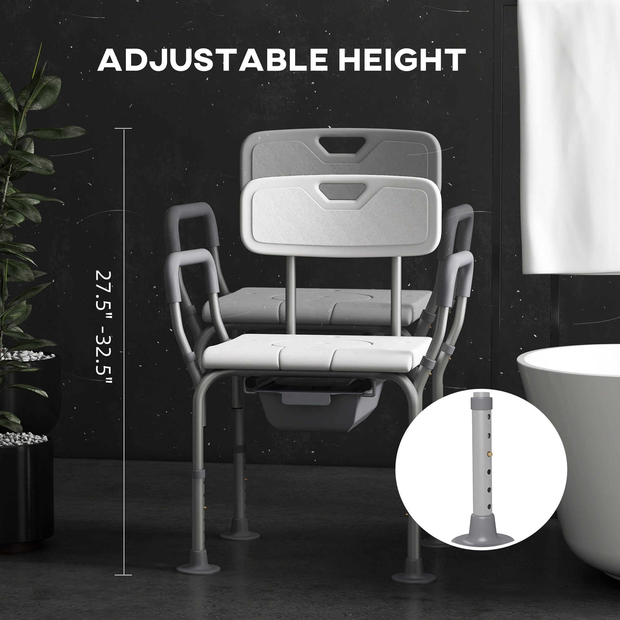 3-in-1 Shower Chair with Back, Adjustable Bedside Commode, Raised Toilet Seat w/ Rubber Foot Pad for Seniors, Disabled