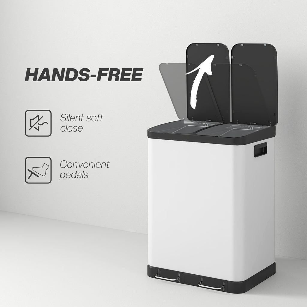 Kitchen Garbage Bin, 2 x 7.9 Gal (2 x 30 L) Trash Can, Soft-Close Garbage Can with Removable Inner Buckets, White