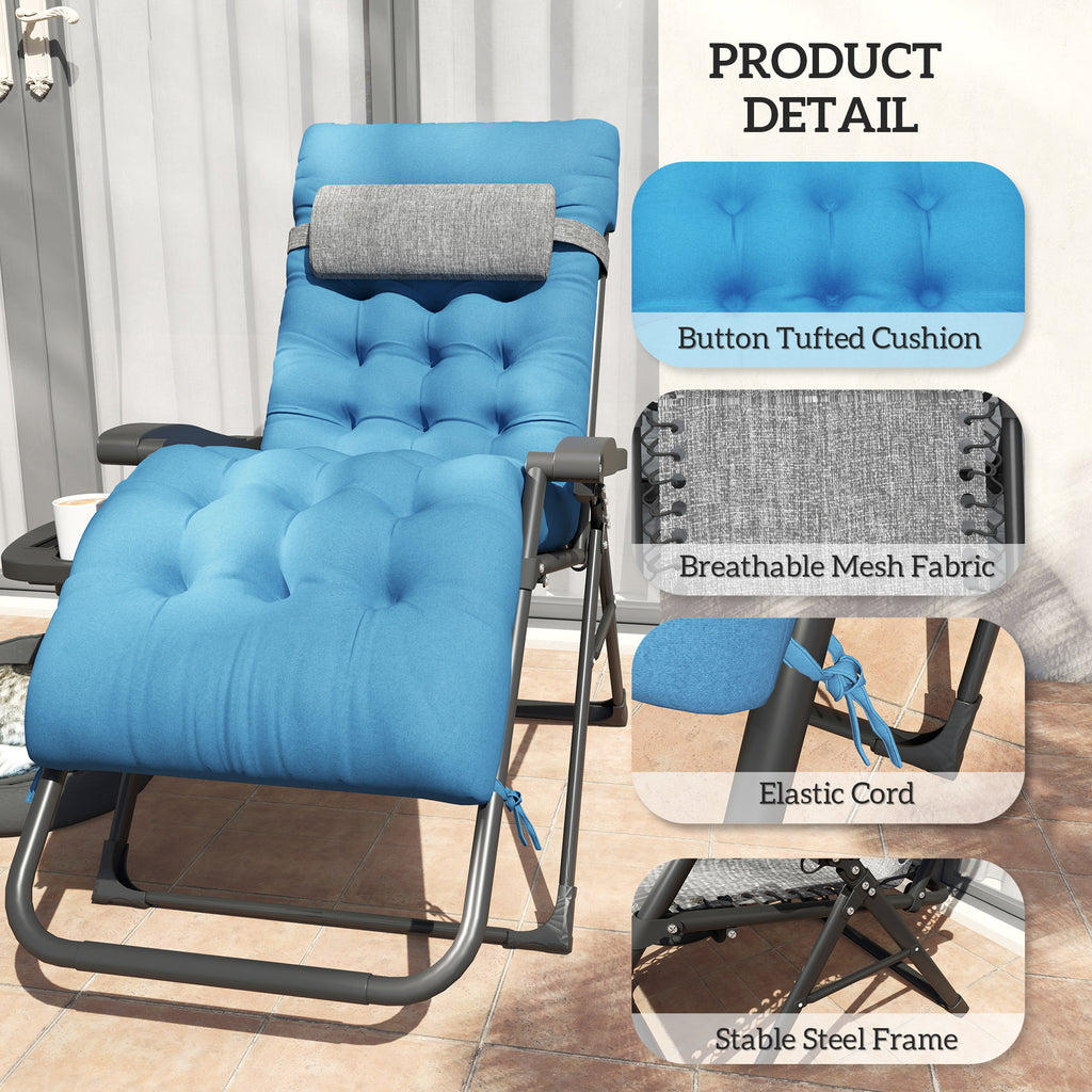 Padded Folding Recliner Chair, Patio Lounger with Cupholder, Adjustable Backrest, Removable Cushion, Navy Blue