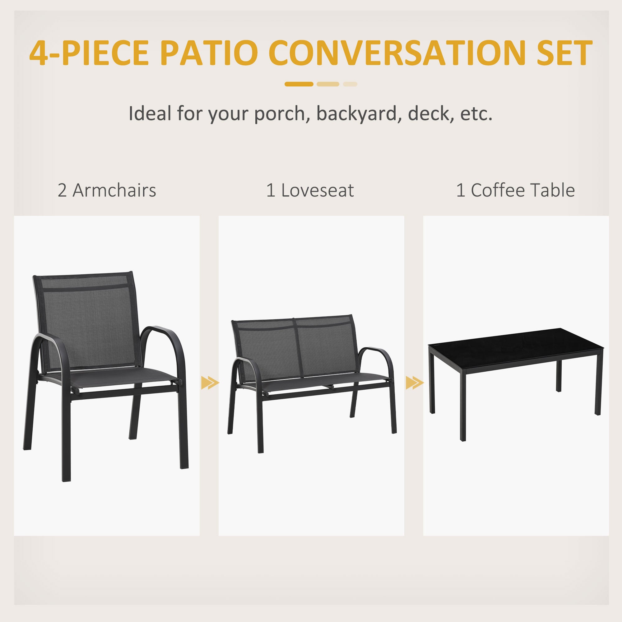 4-Piece Patio Furniture Set Garden Conversation Set with Loveseat, Single Chairs and Coffee Table for Backyard Poolside Balcony