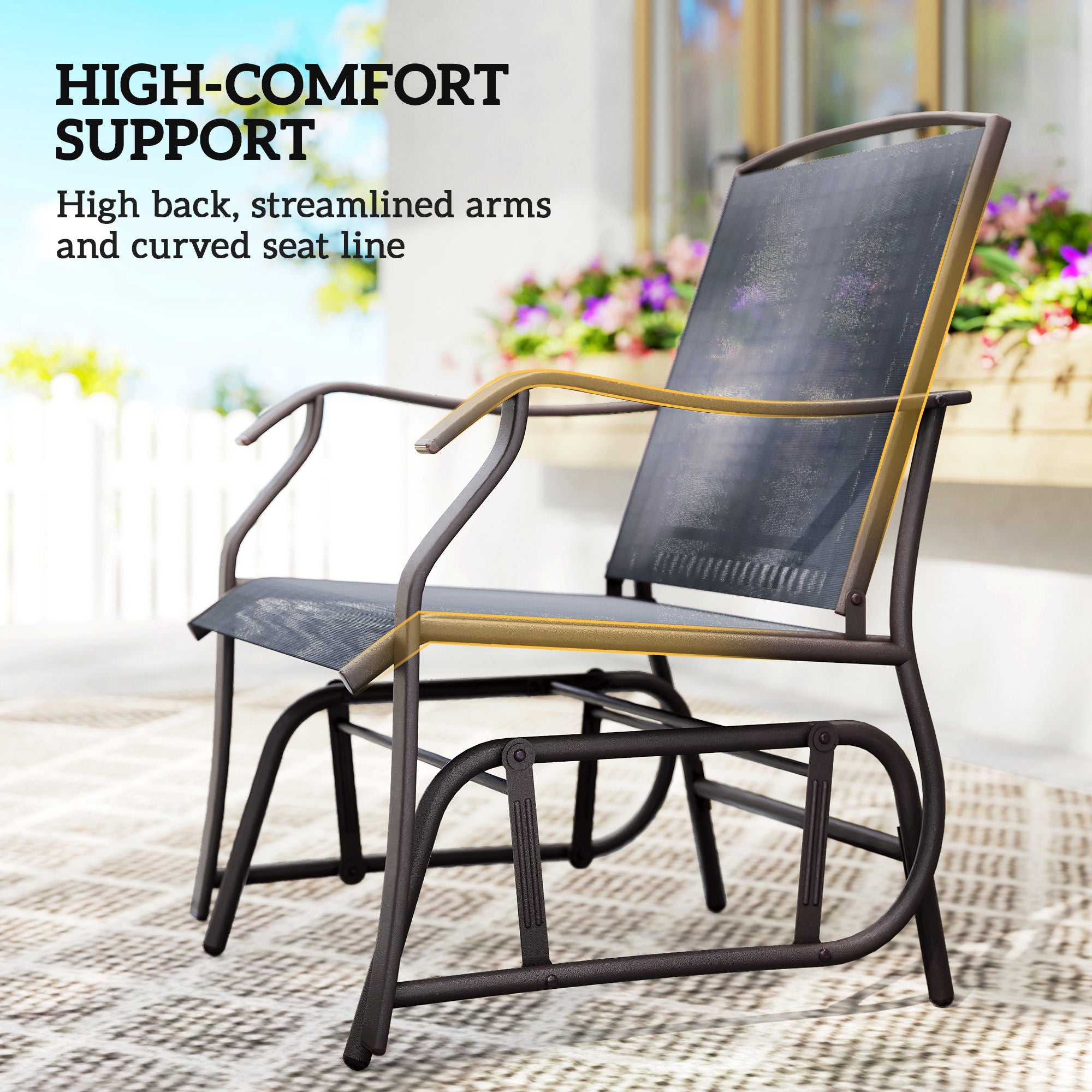 3 Piece Patio Glider Set Outdoor Gliders with Breathable Mesh Seat, Glass Top Table for Garden, Yard, Grey