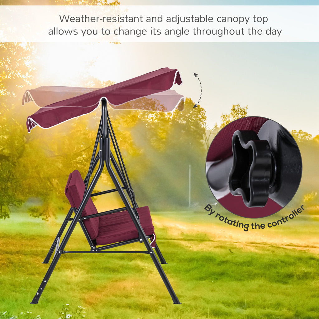 3-Seater Outdoor Swing with Adjustable Canopy, Patio Swing Chair for Garden, Poolside, Backyard, Wine Red