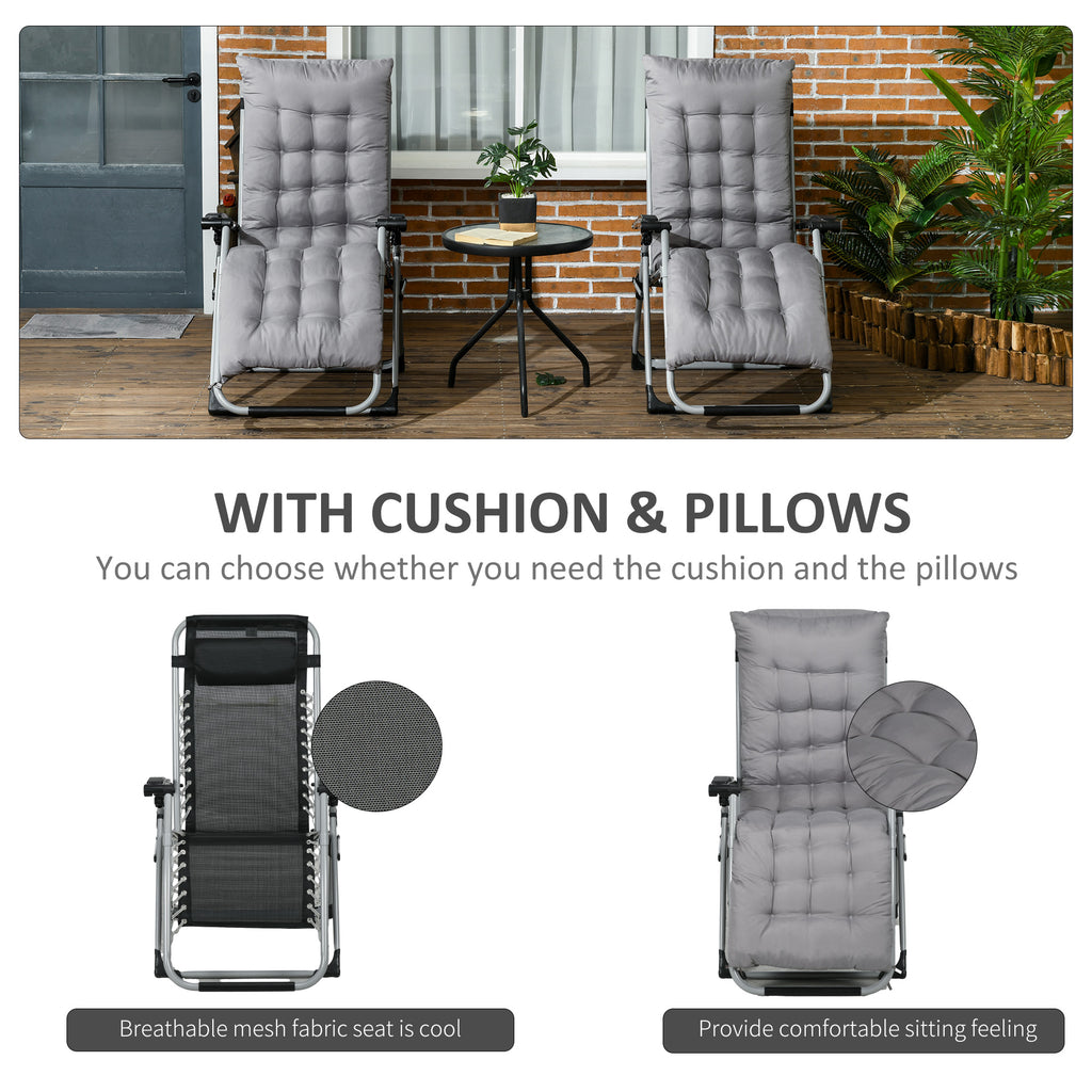 Folding Garden Chairs Set of 2, Reclining Zero Gravity Chair, Sun Lounger with Cushion and Headrest, Dark Grey