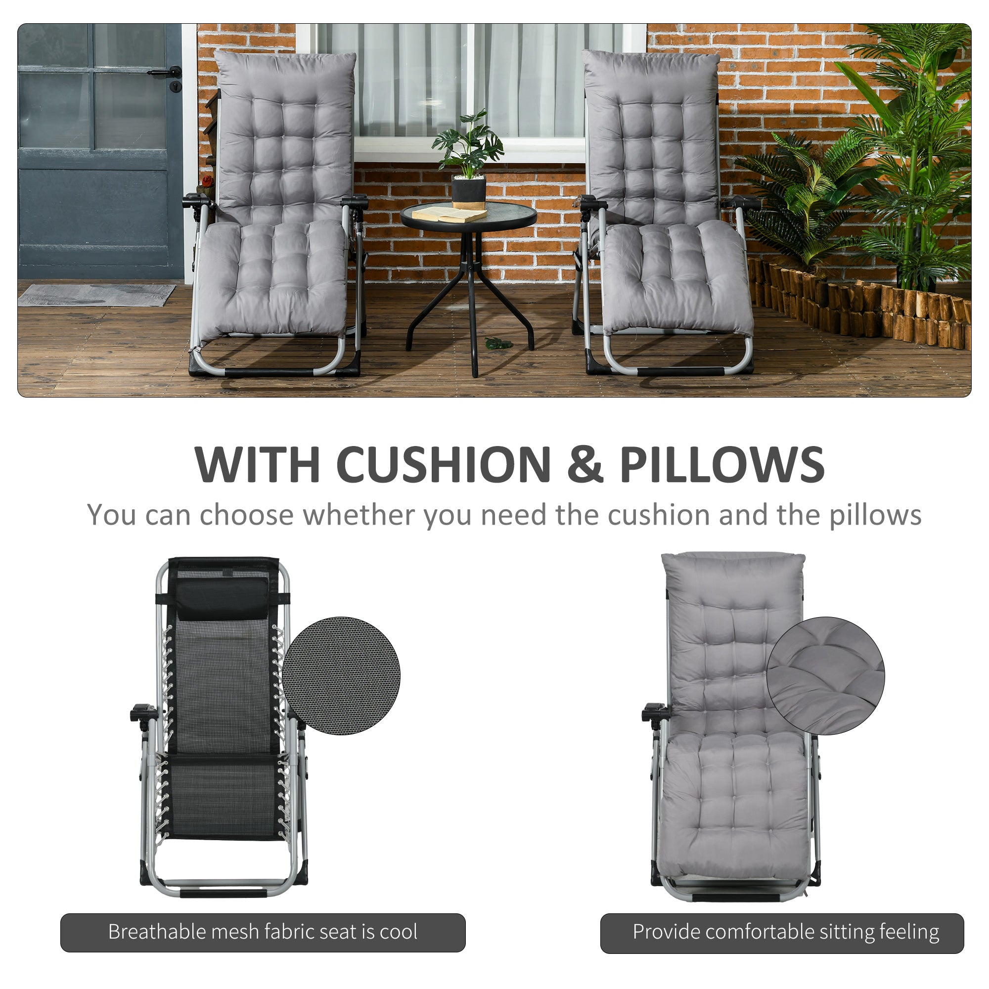 Folding Garden Chairs Set of 2, Reclining Zero Gravity Chair, Sun Lounger with Cushion and Headrest, Dark Grey