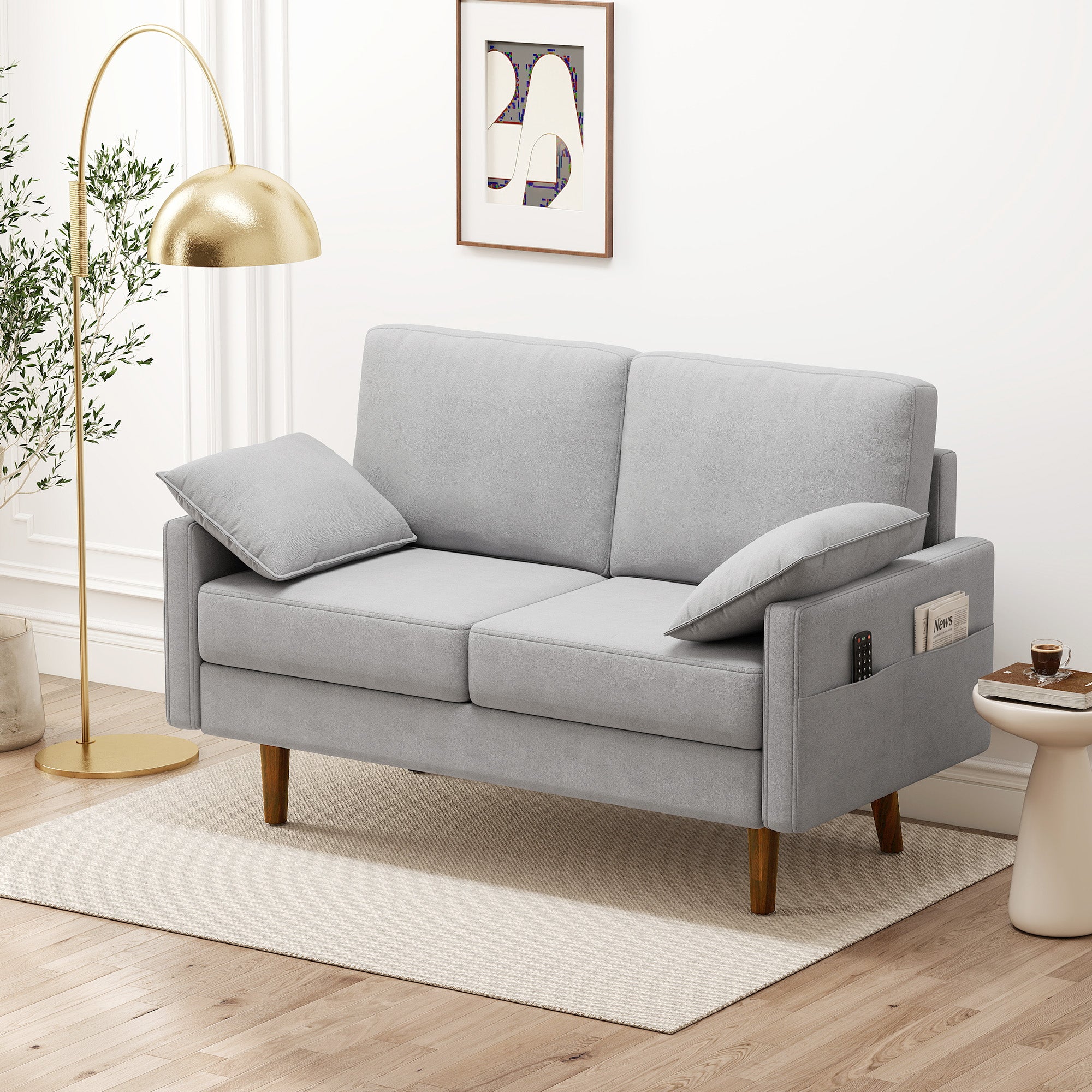 3 Seater Sofa, Velvet Upholstered Couch with Spring Cushions, Rubber Wood Legs and 2 Pillows, Grey