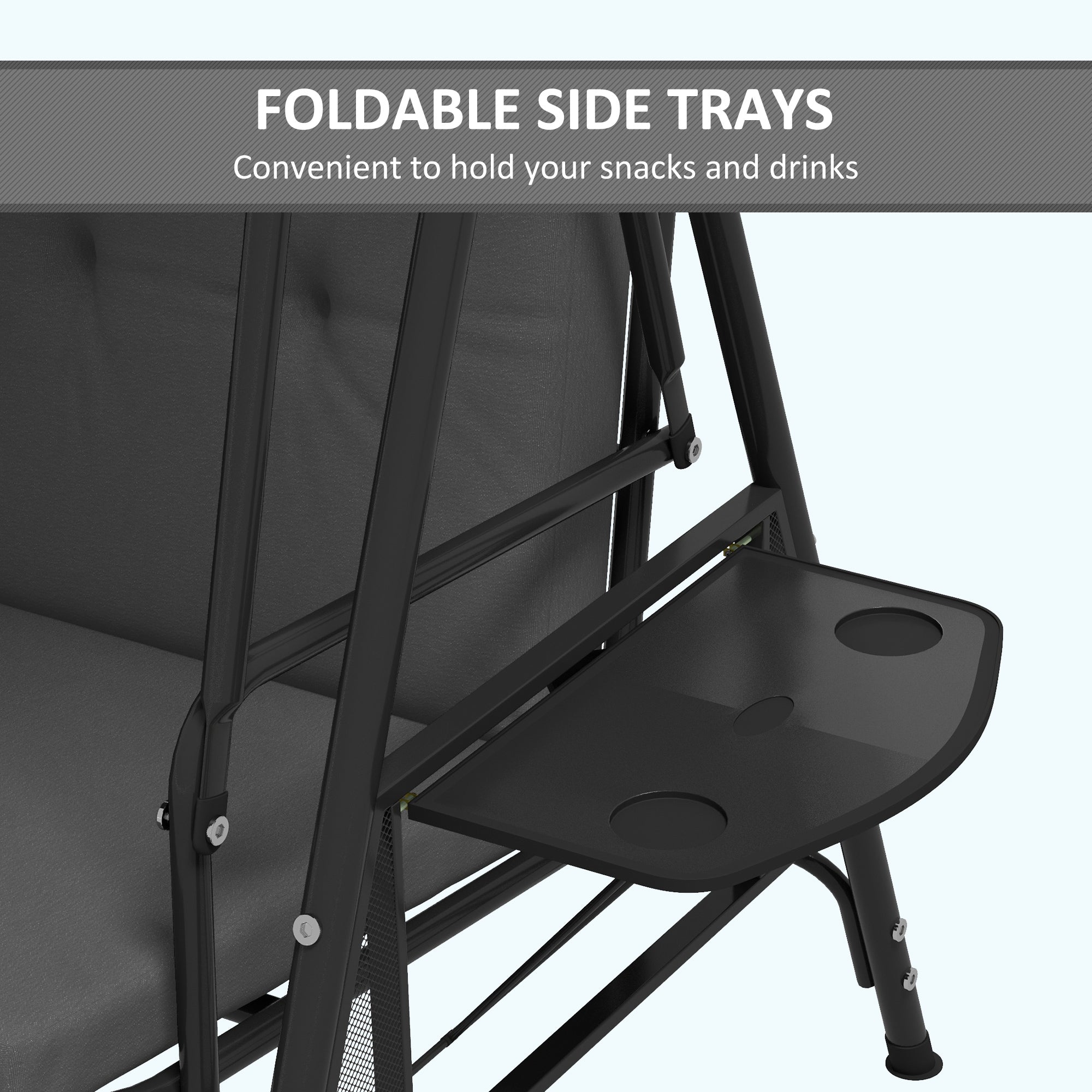3-Seat Outdoor Porch Swing Patio Swing with Adjustable Canopy, Side Tray, Removable Cushion for Garden, Poolside, Grey