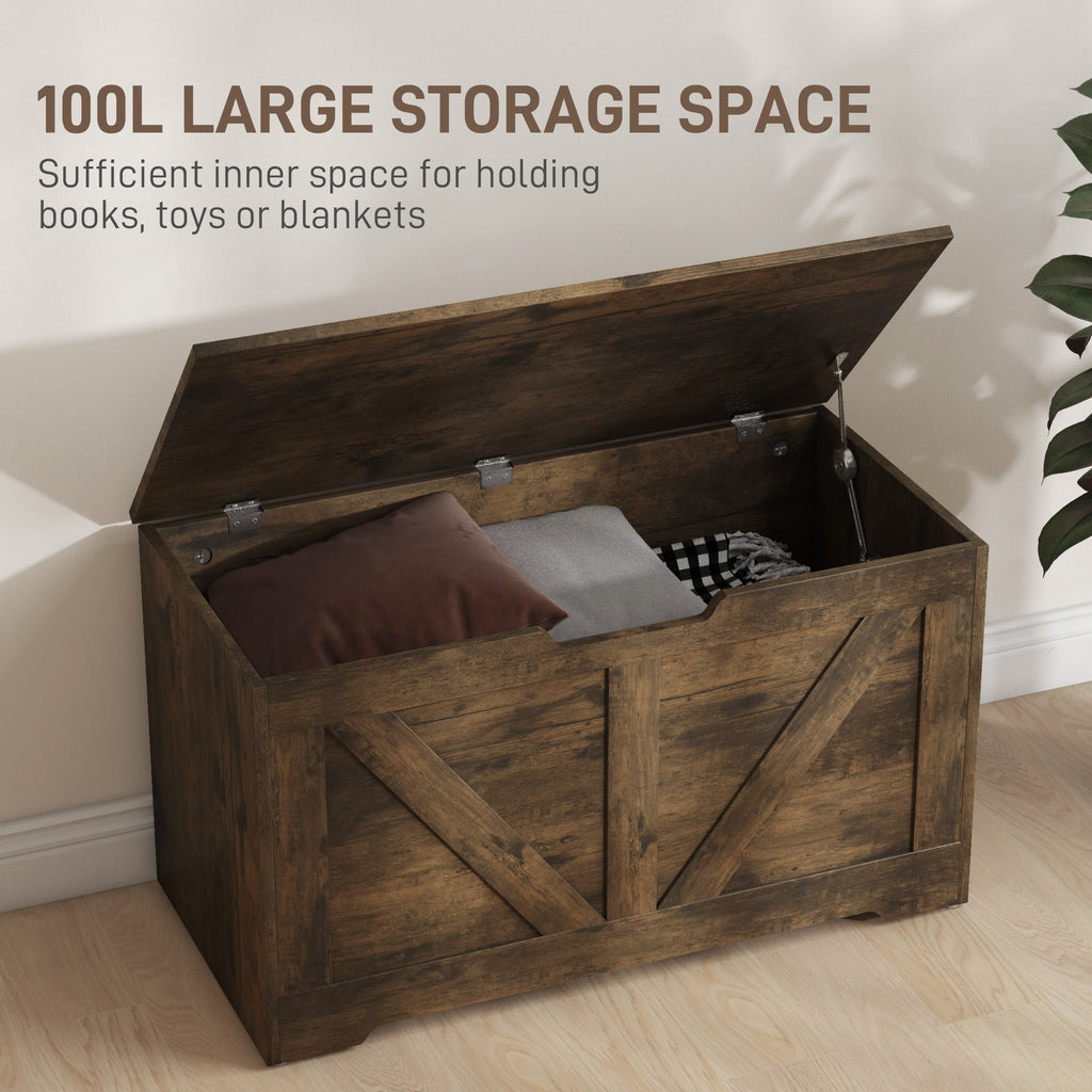 31.5 Inches Storage Chest, Storage Trunk with 2 Safety Hinges for Living Room, Brown Wood Grain