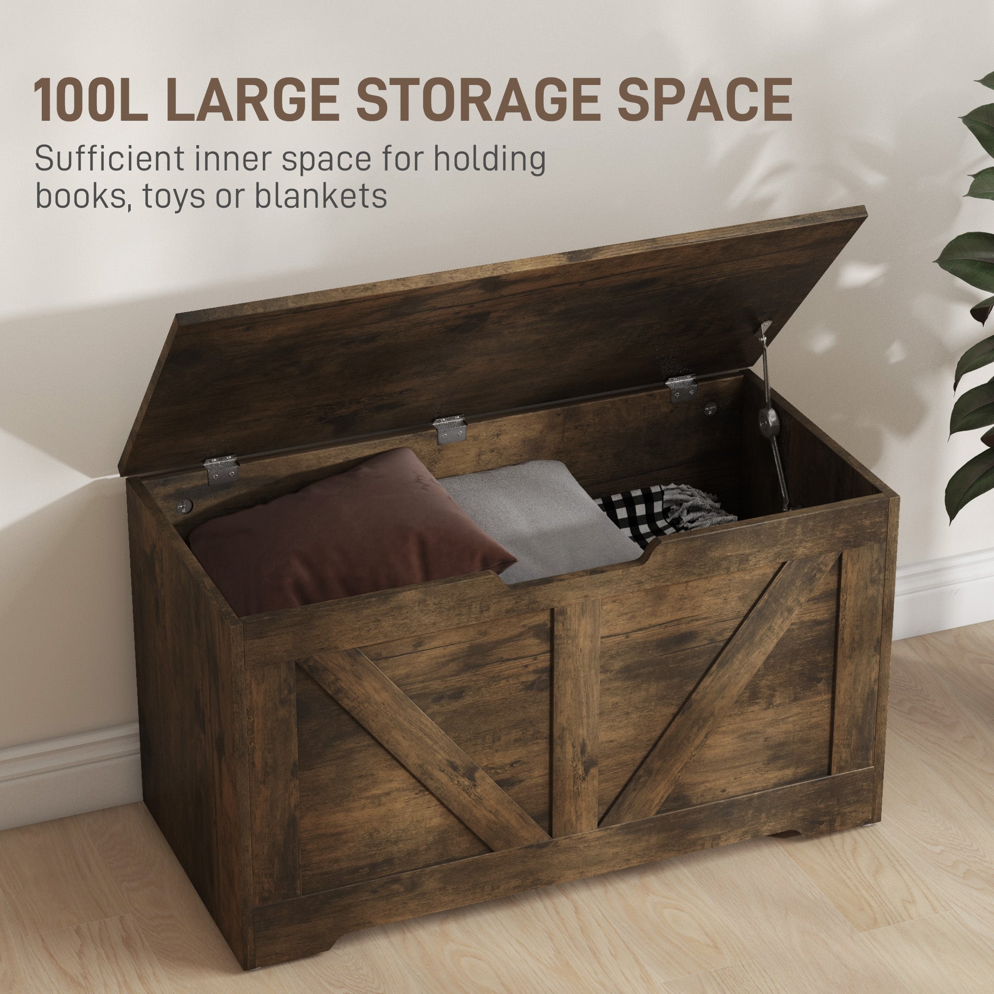 31.5 Inches Storage Chest, Storage Trunk with 2 Safety Hinges for Living Room, Brown Wood Grain