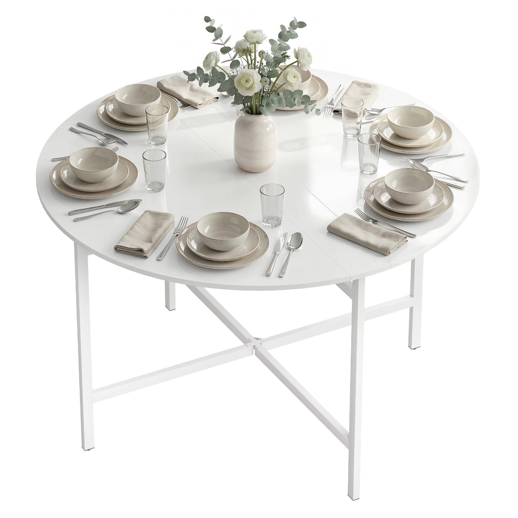 Folding Dining Table for 3-6 People, 47" Round Drop Leaf Kitchen Table with Steel Frame, White