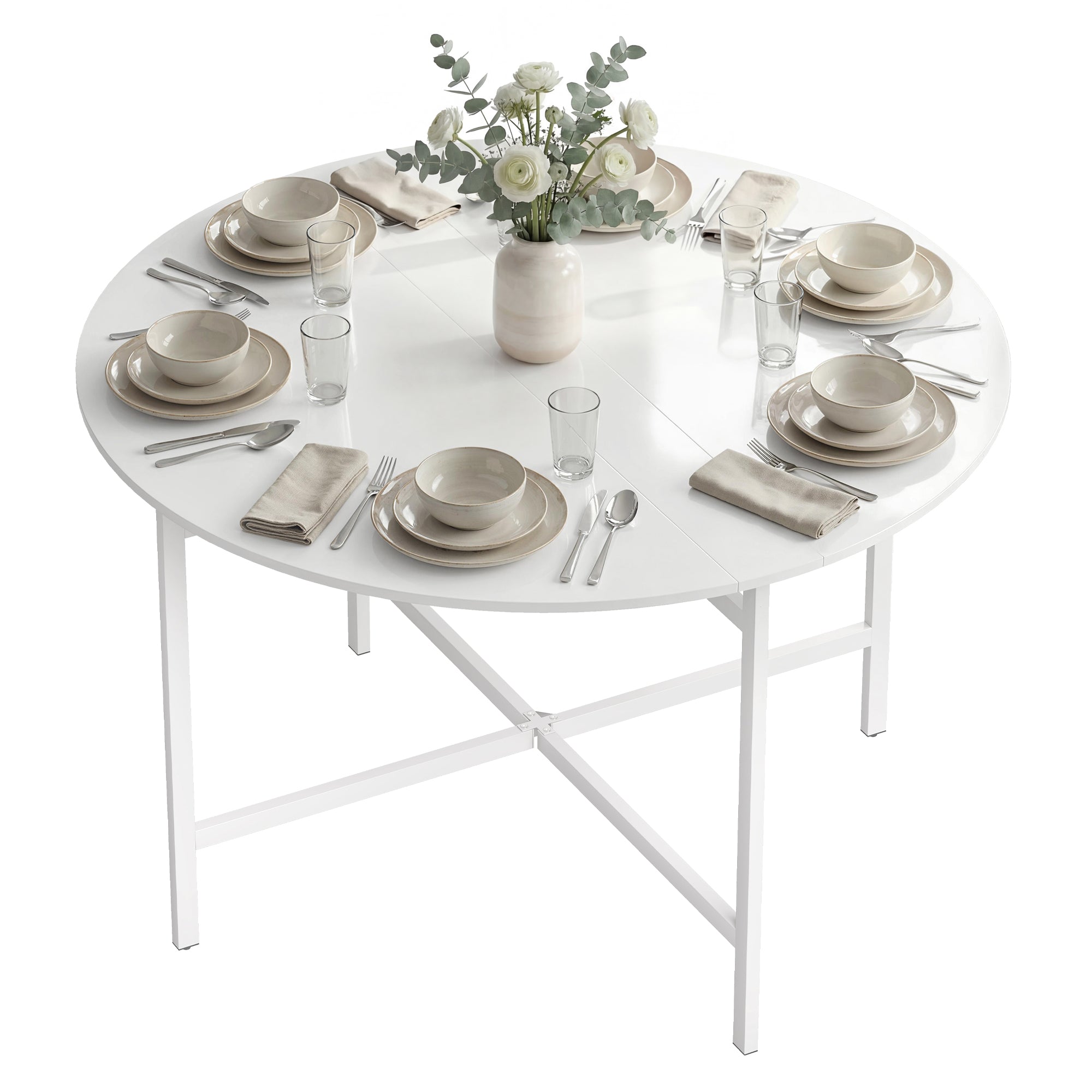 Folding Dining Table for 3-6 People, 47" Round Drop Leaf Kitchen Table with Steel Frame, White