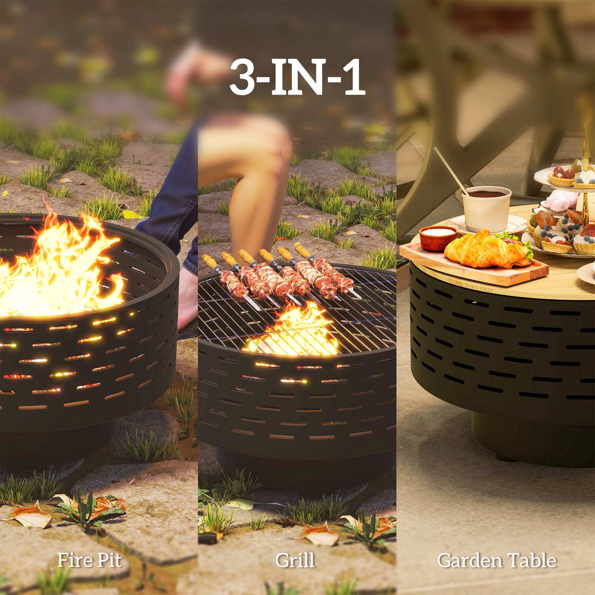 3-in-1 Fire Pit Î¦23.8" x 15.4" Outdoor Fire Bowl with Grill Grate, Wood-Effect Fire Basket