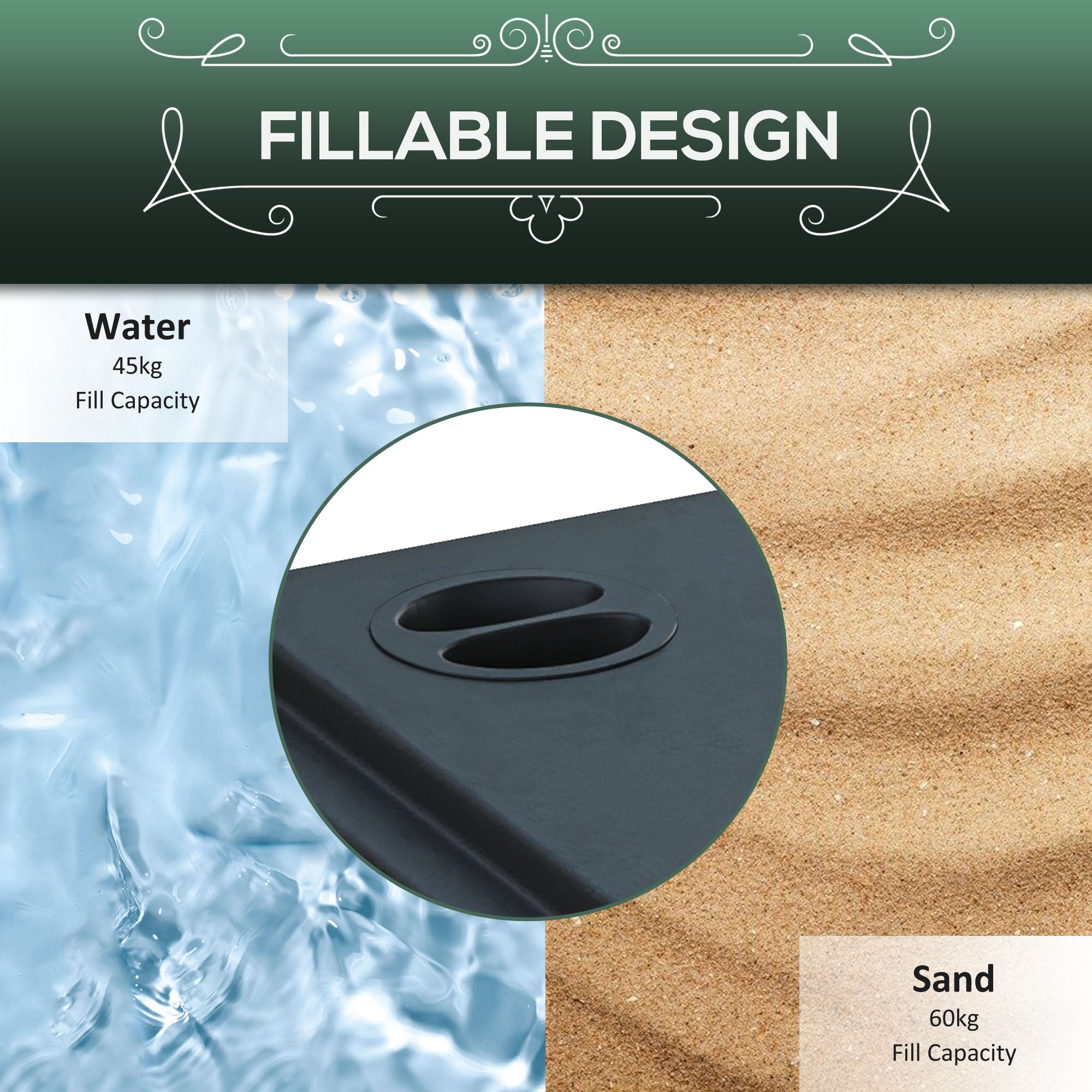Square Umbrella Base with Wheels, 99 lbs Water or 132 lbs Sand Filled, with Double Adjustable Knob, Black