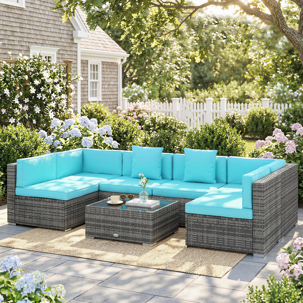 7 Pieces Outdoor Rattan Furniture Set, Patio Wicker Sectional Conversation Sofa Set, Blue