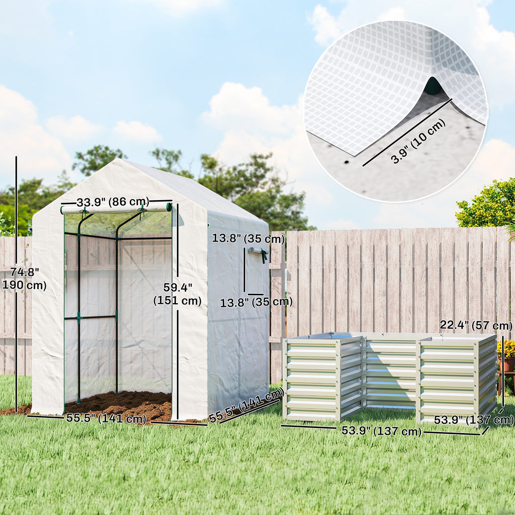 Greenhouse with Raised Garden Bed, Galvanized Metal Planter Box with PE Cover, Roll Up Door, 56" x 56" x 75", White