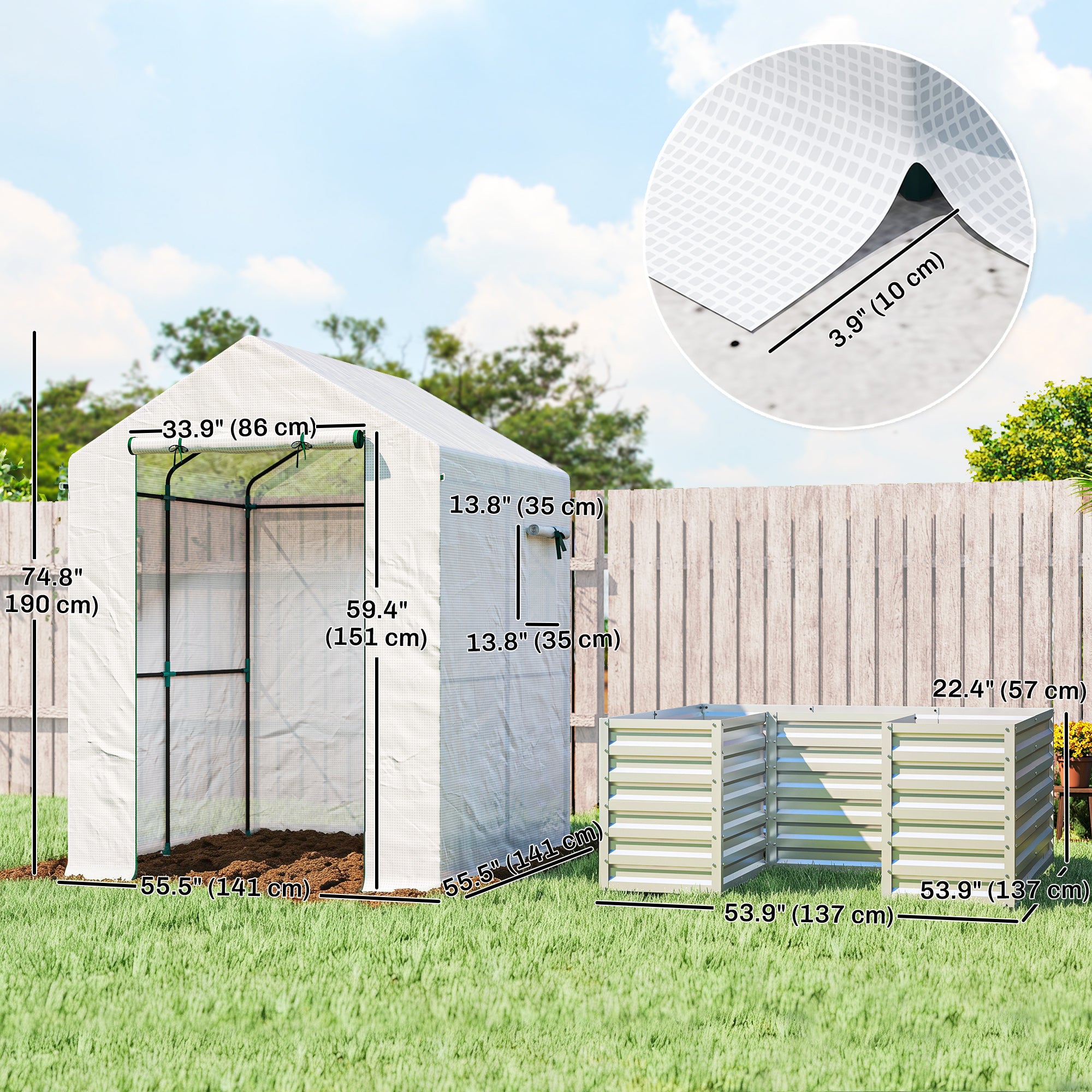 Greenhouse with Raised Garden Bed, Galvanized Metal Planter Box with PE Cover, Roll Up Door, 56" x 56" x 75", White