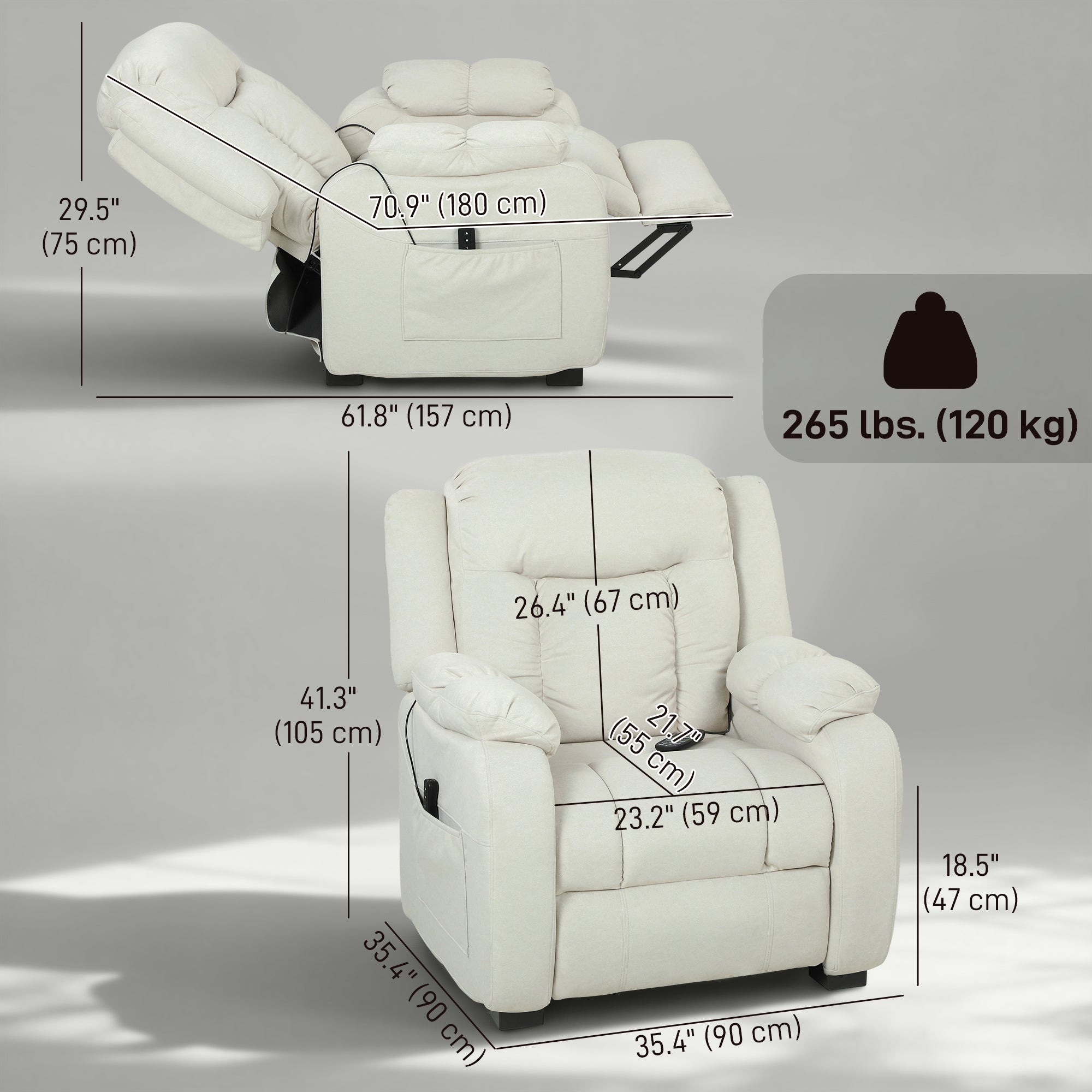 Massage Recliner Chair with Quiet Brushless Motor Pet-Friendly Fabric Power Recliner with 2 Memory Positions Cream White