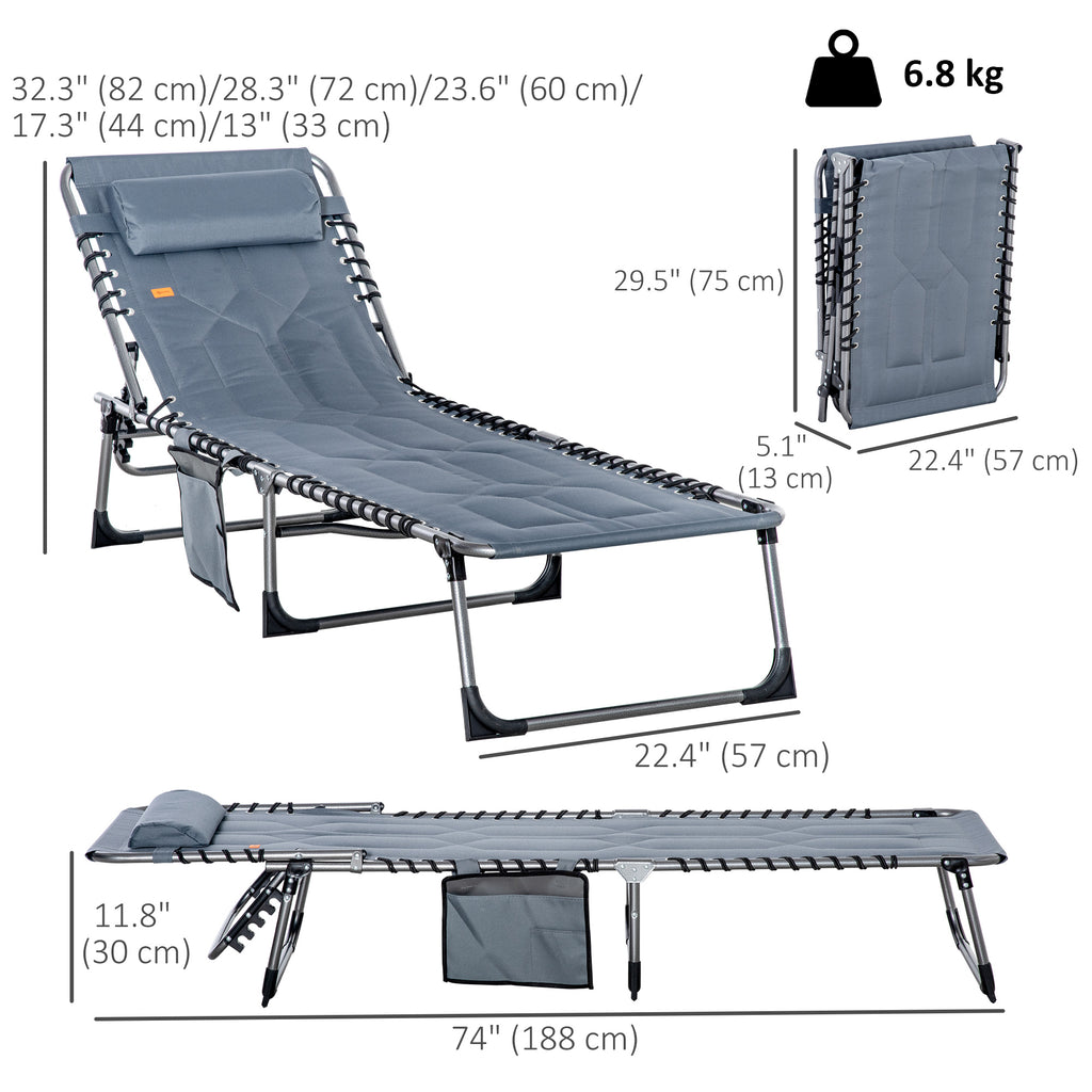 Outdoor Lounge Chair, Folding Chaise Lounge, Patio Padded Tanning Chair with 5-position Adjustable Backrest, Pillow and Pocket for Deck, Beach, Lawn and Sunbathing, Grey