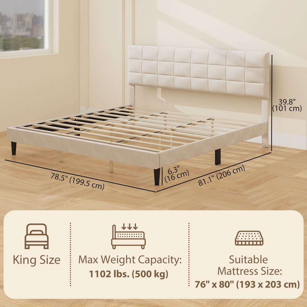 Modern cream king bed frame with padded upholstered headboard