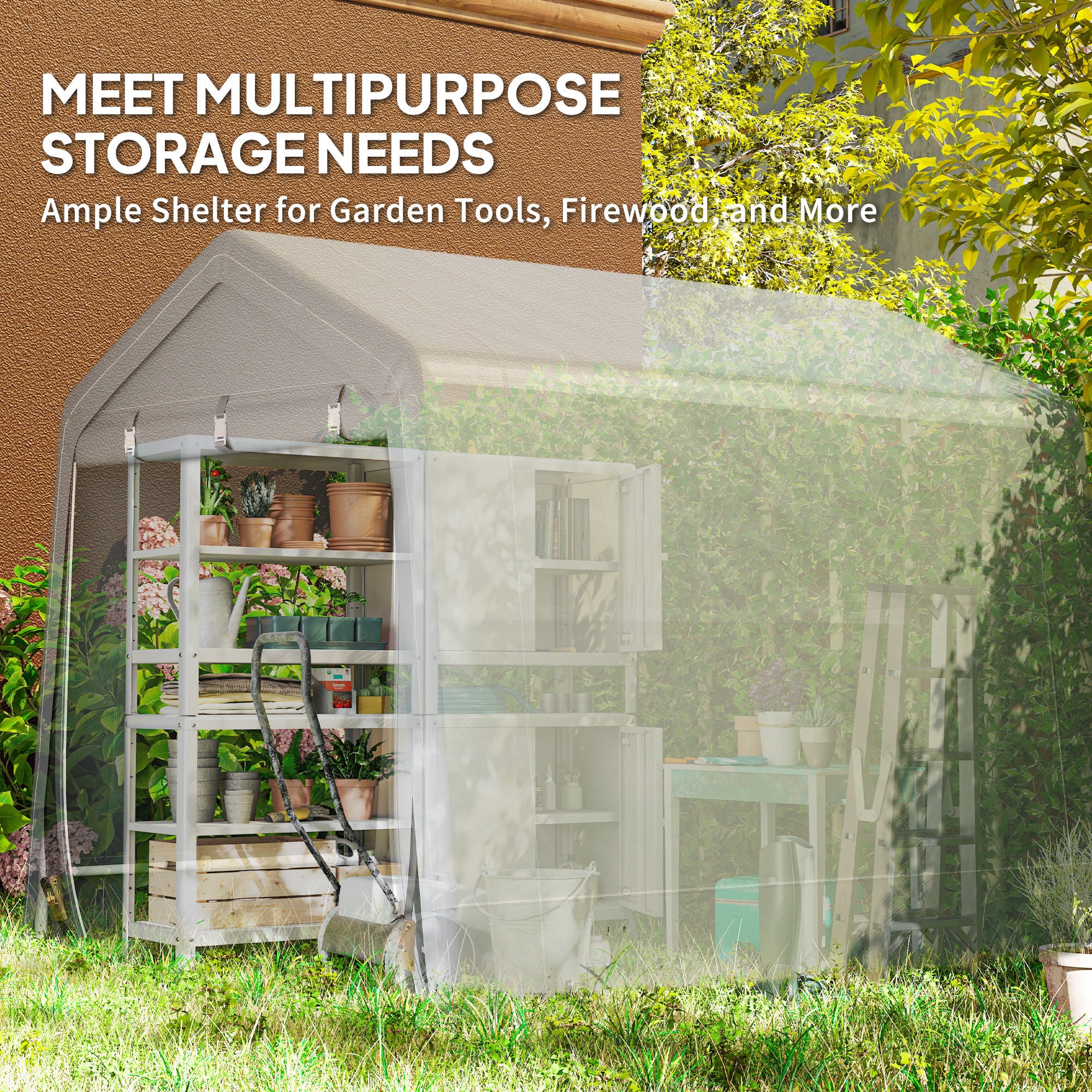 9.2' x 7.9' Garden Storage Tent, Patio Storage Shelter w/ Metal Frame and Double Zipper Doors, Light Grey