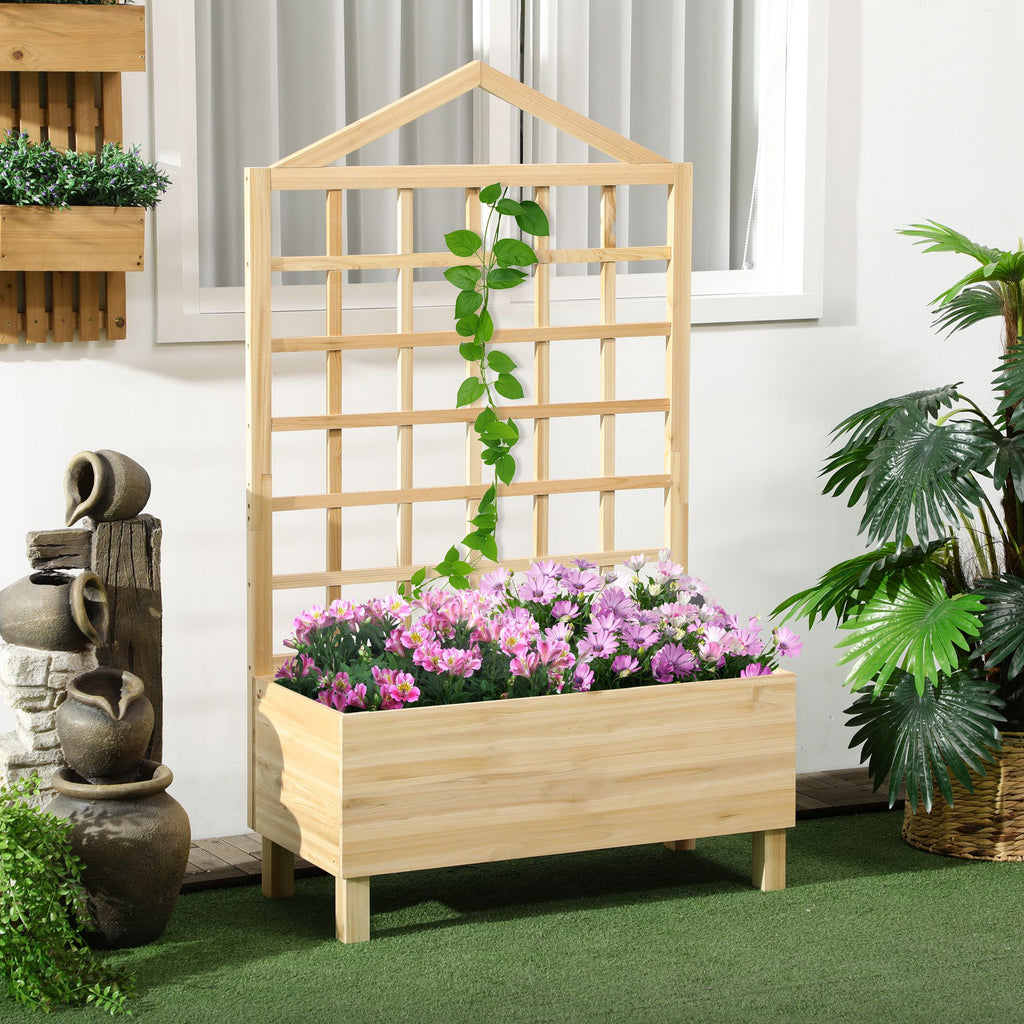 Distressed Wood Planter Box with Trellis, Raised Garden Bed for Outdoor Plants Flowers Herbs, Natural
