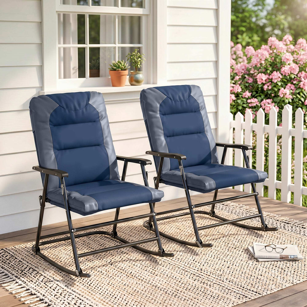 Folding Rocking Chair Set of 2 Padded Rockers with Armrest, Navy Blue