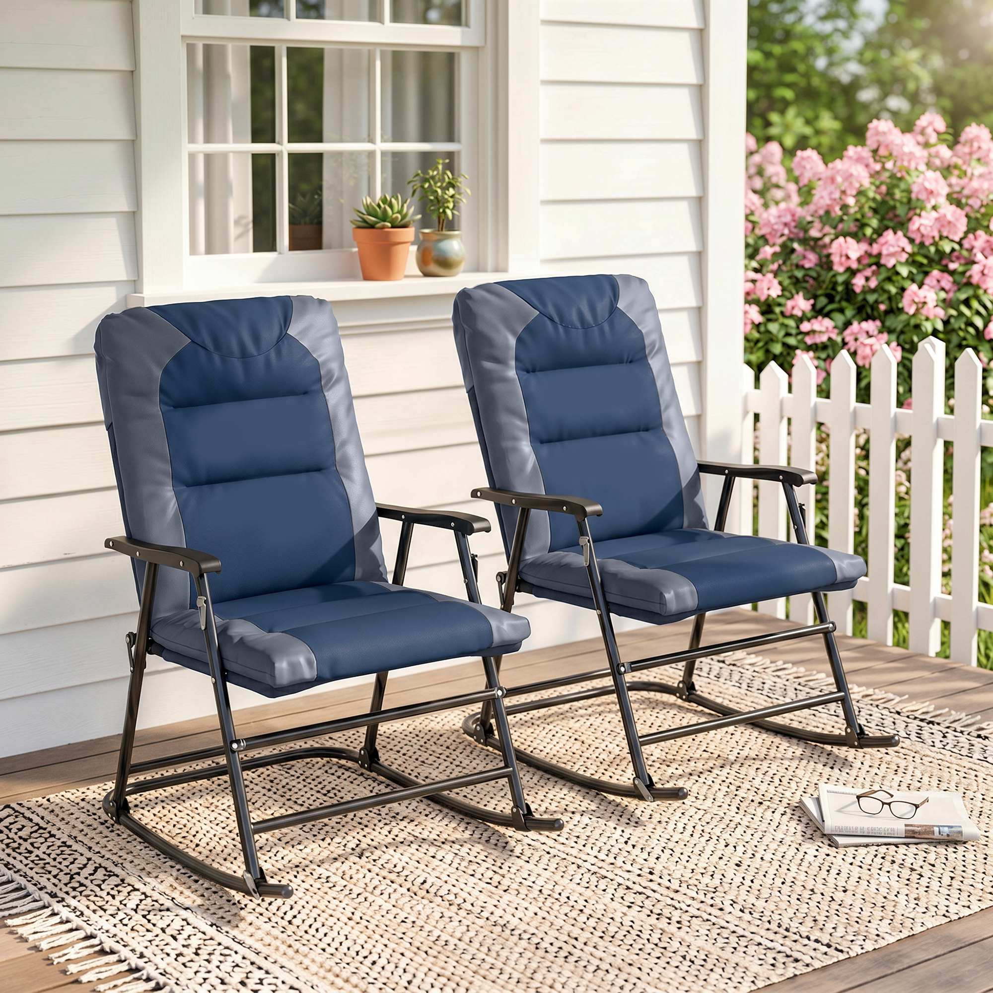 Folding Rocking Chair Set of 2 Padded Rockers with Armrest, Navy Blue