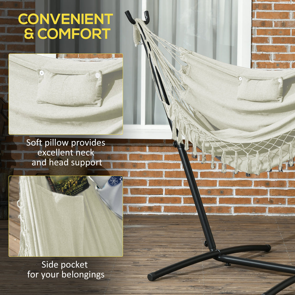 Patio Hammock Chair with Stand, Outdoor Hammock Swing Hanging Lounge Chair with Side Pocket and Headrest, Cream