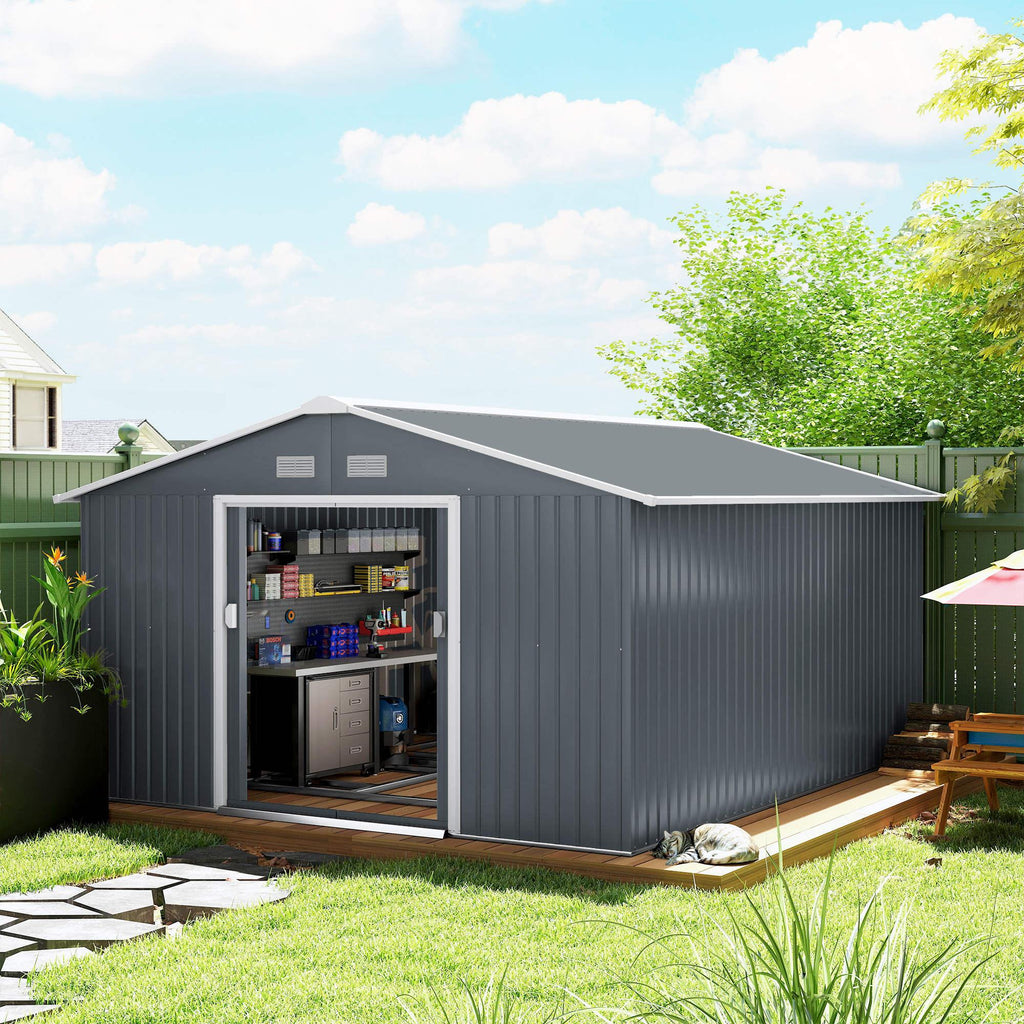 11.2ft x 12.5ft Practical Backyard Garden Storage Tool Shed 4 Ventilation Slots Double Sliding Door, Grey