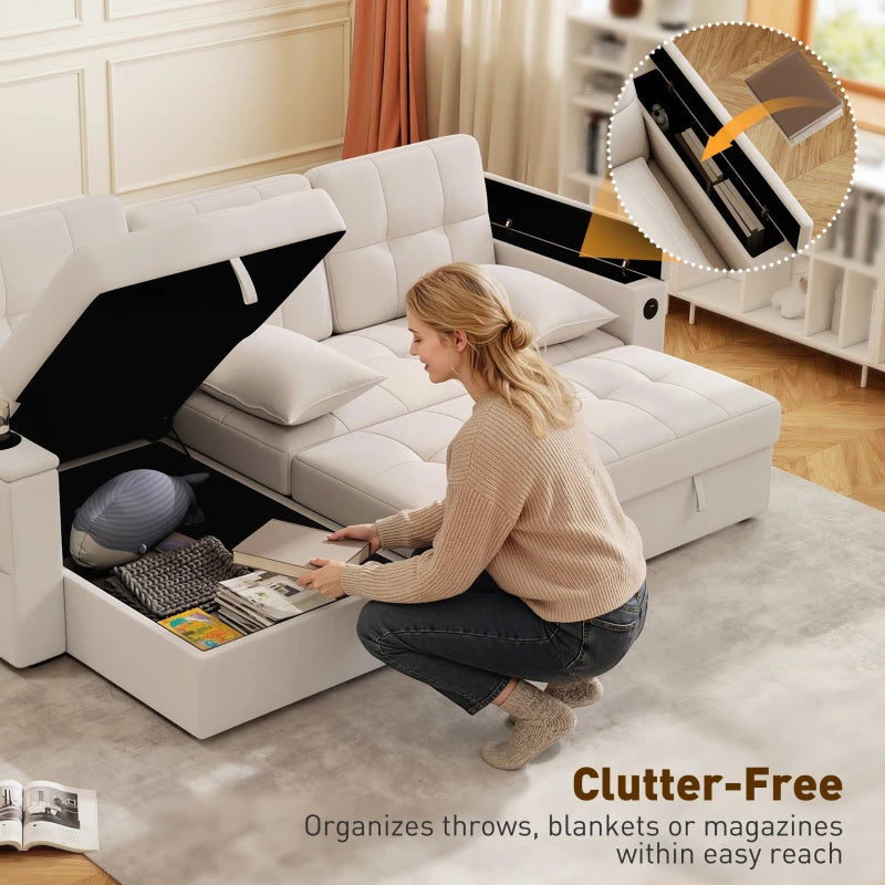 Convertible beige sectional couch with pull-out bed and spacious chaise storage