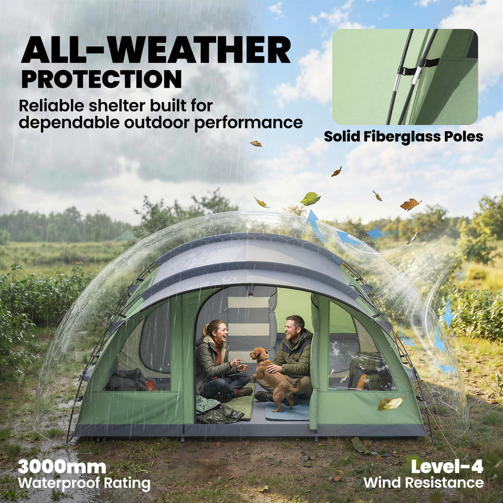 Multi-Room Camping Tent for 5 Person, Easy Set up Large Family Tent with 4 Windows, Porch, Light Green