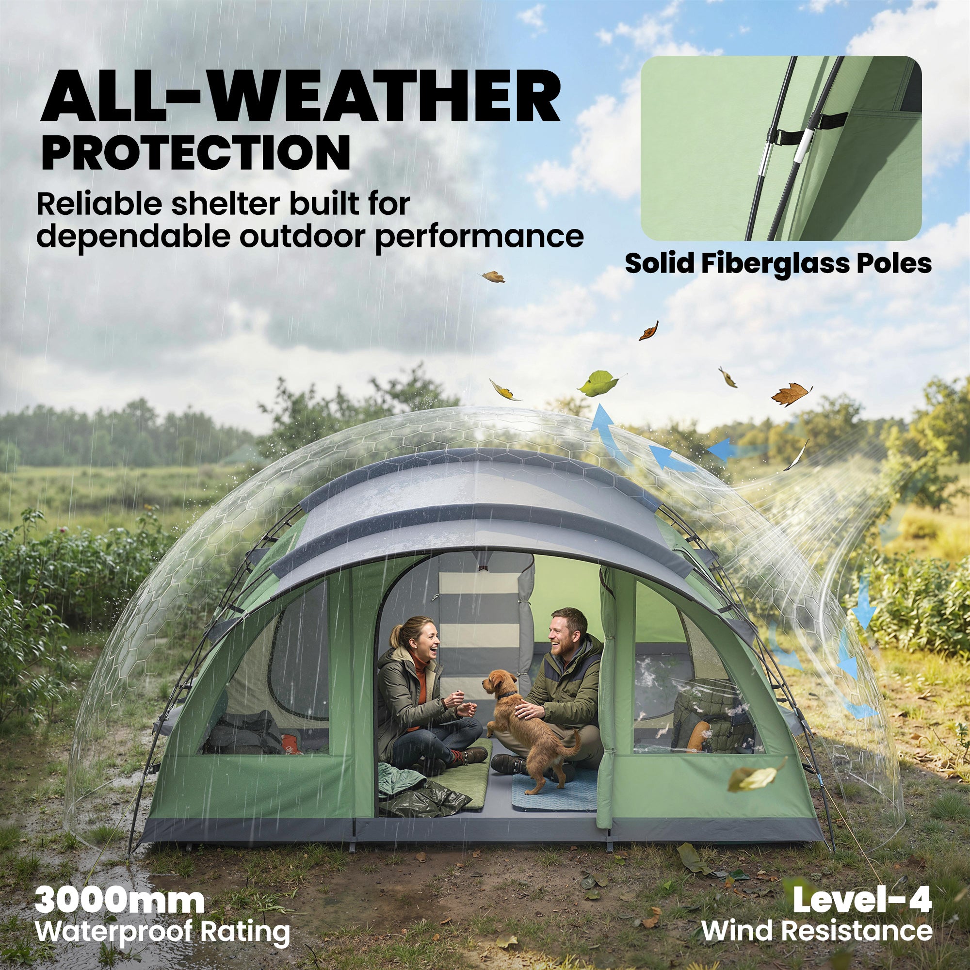Multi-Room Camping Tent for 5 Person, Easy Set up Large Family Tent with 4 Windows, Porch, Light Green