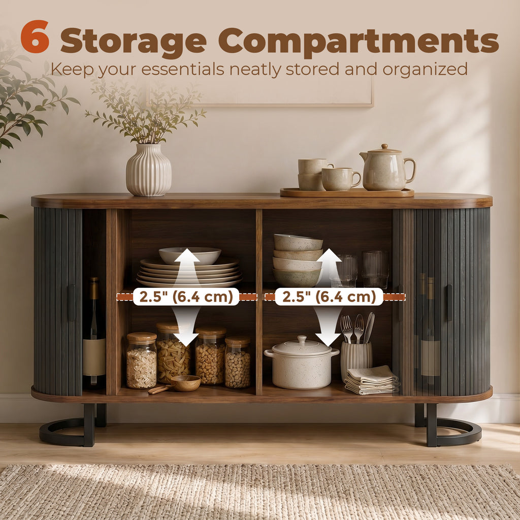 Fluted Sideboard Buffet Cabinet, 55" Modern Coffee Bar Cabinet with Sliding Doors and Adjustable Shelves, Black
