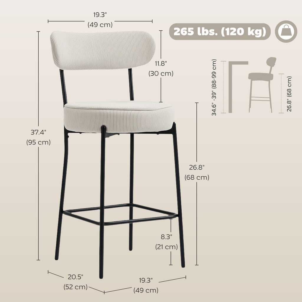 Set of 2 Barstools, Upholstered Corduroy Bar Stools with Backrest, Footrest for Kitchen Island, Dining Room, Cream White