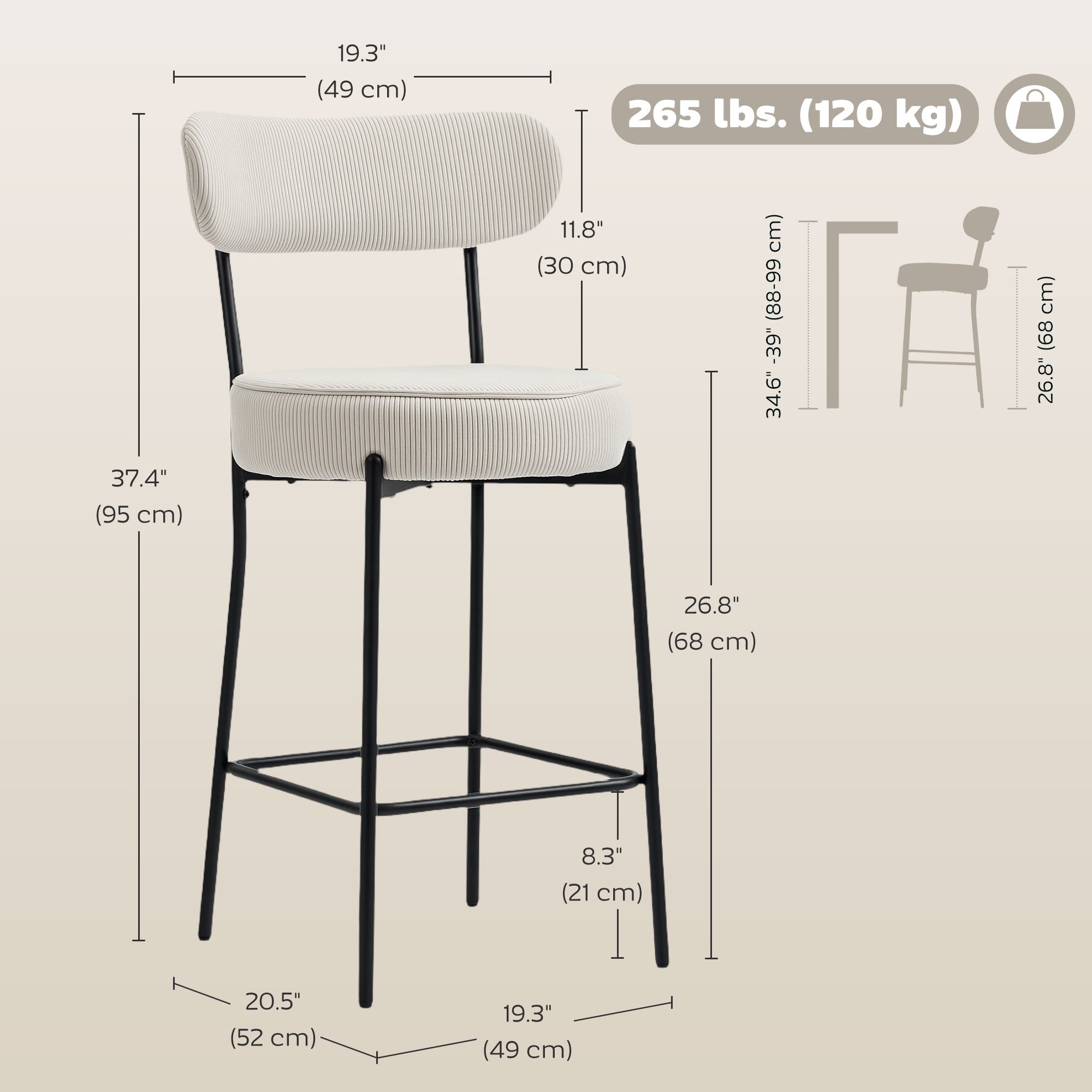 Set of 2 Barstools, Upholstered Corduroy Bar Stools with Backrest, Footrest for Kitchen Island, Dining Room, Cream White