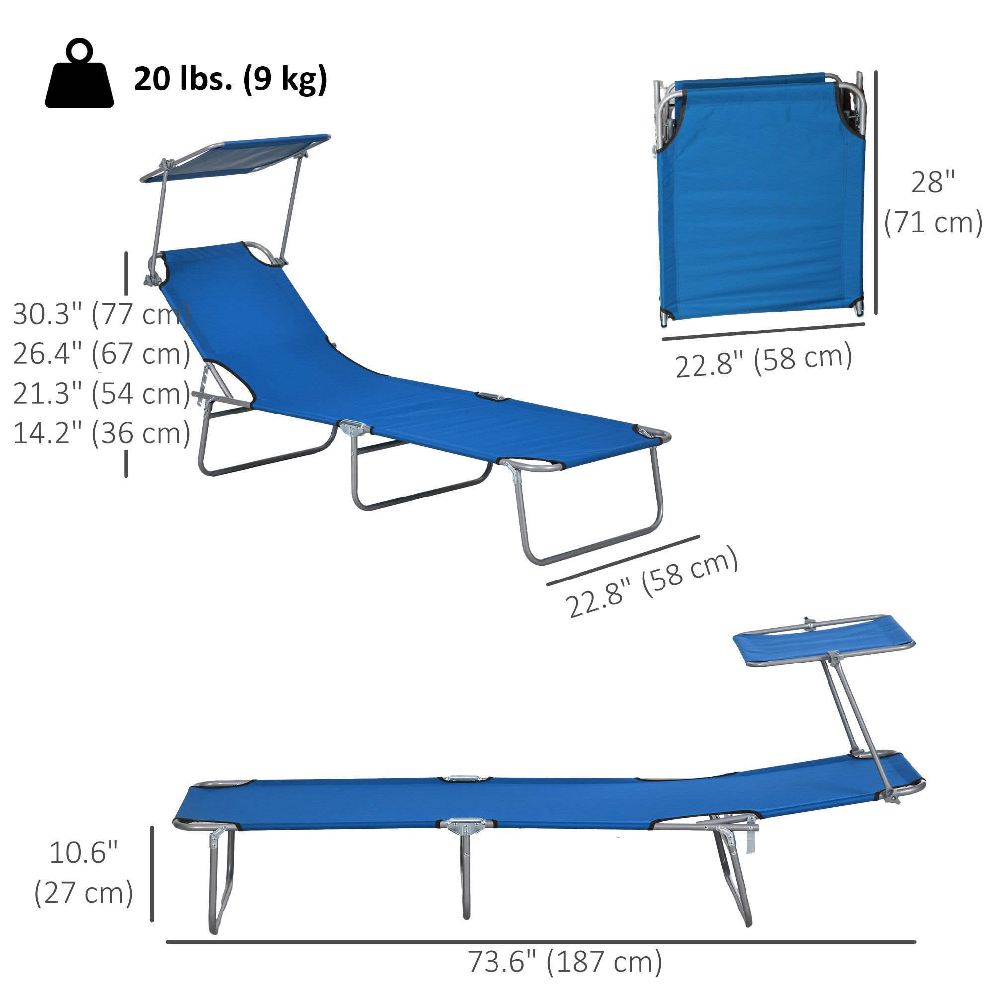 2Pcs Outdoor Lounge Chair, Adjustable Folding Chaise Lounge with Sun Shade for Beach, Camping, Hiking, Blue