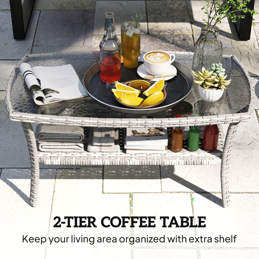 Outdoor Coffee Table with Storage Shelf, PE Wicker Patio Table with Glass Top for Garden, Backyard, Dark Grey