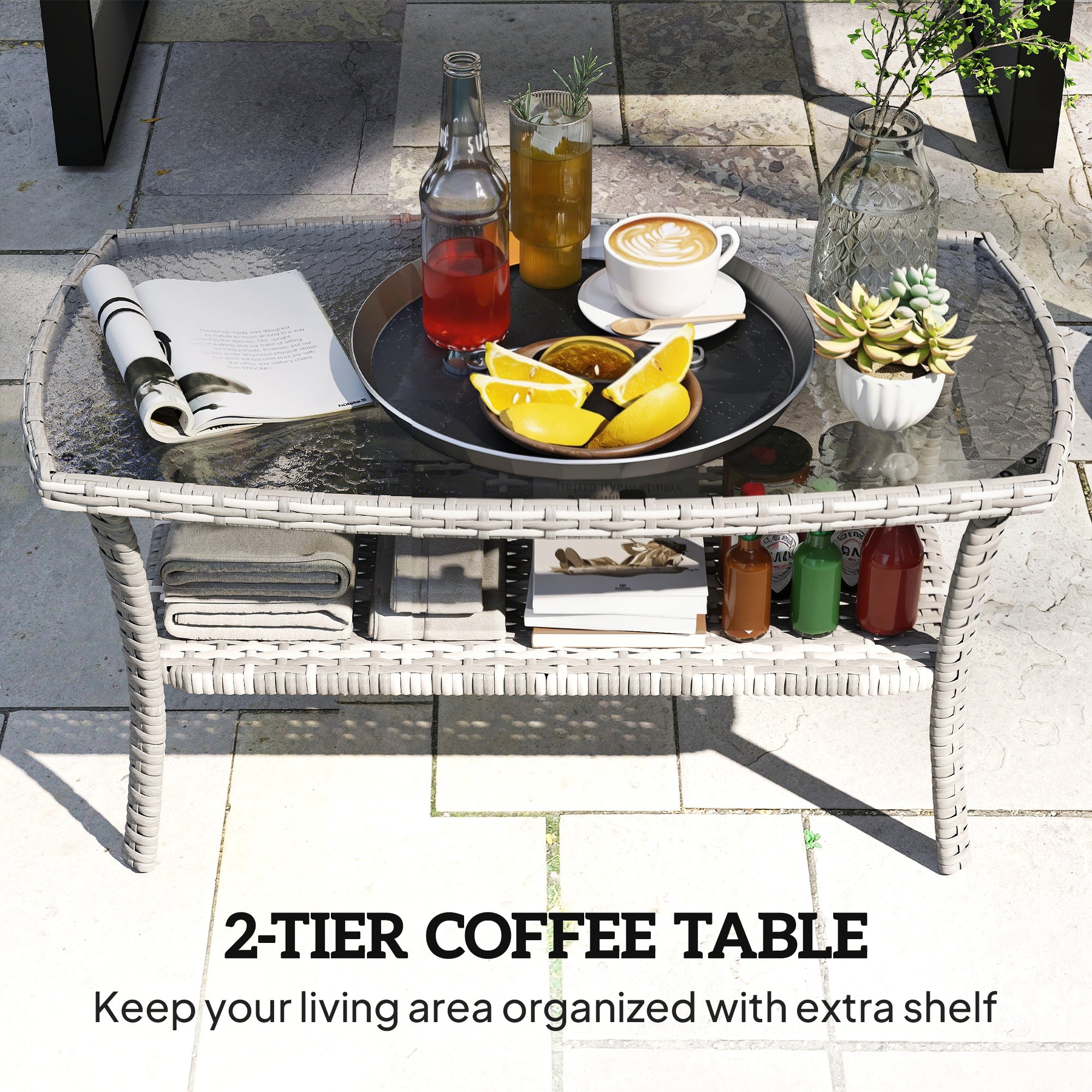 Outdoor Coffee Table with Storage Shelf, PE Wicker Patio Table with Glass Top for Garden, Backyard, Dark Grey