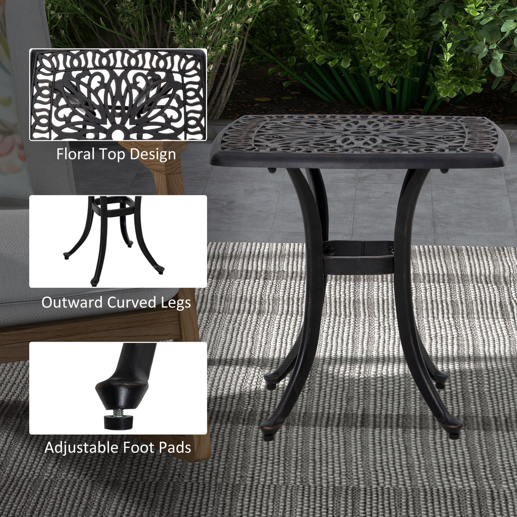 21" Square Outdoor End Table, Cast Aluminum Patio Side Table with Umbrella Hole for Garden, Balcony, Poolside, Bronze