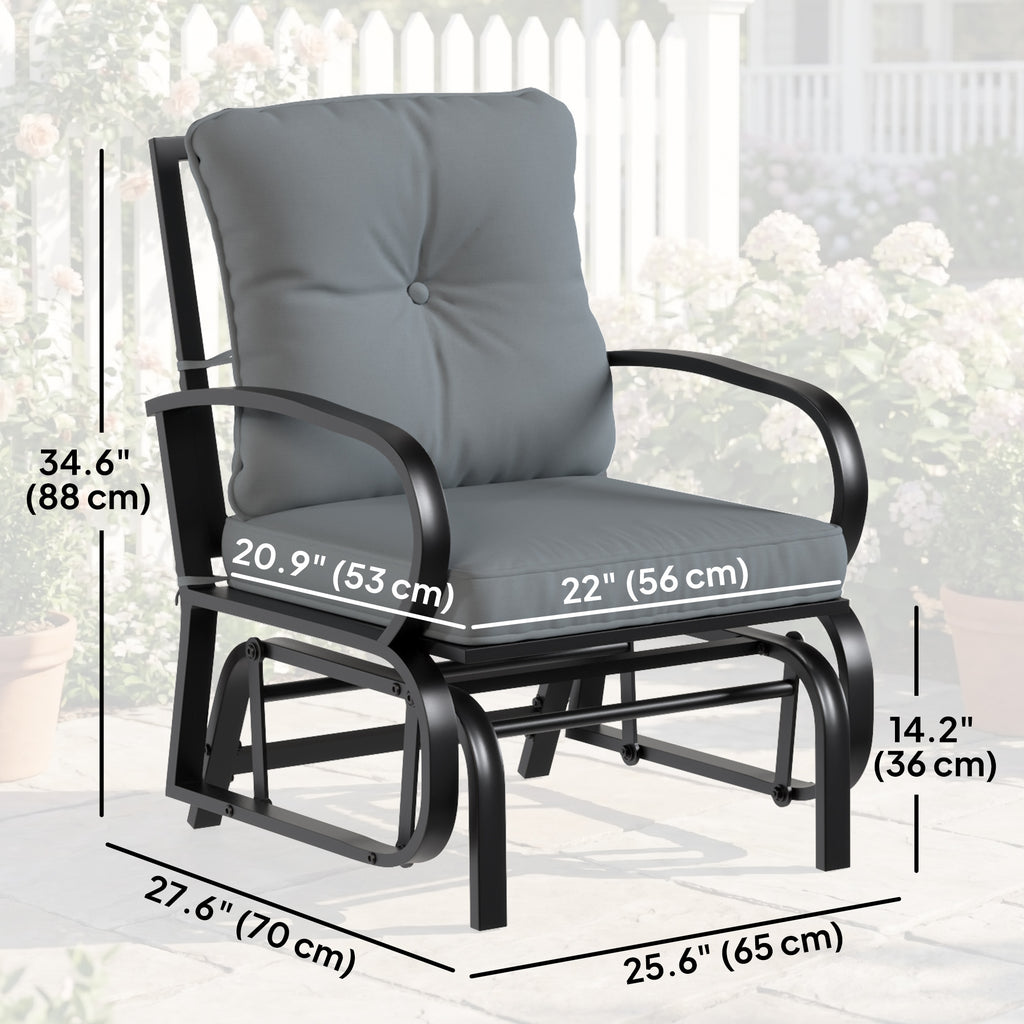 Patio Glider, Outdoor Glider Chair with Cushions, Steel Frame, Curved Armrests, Light Grey