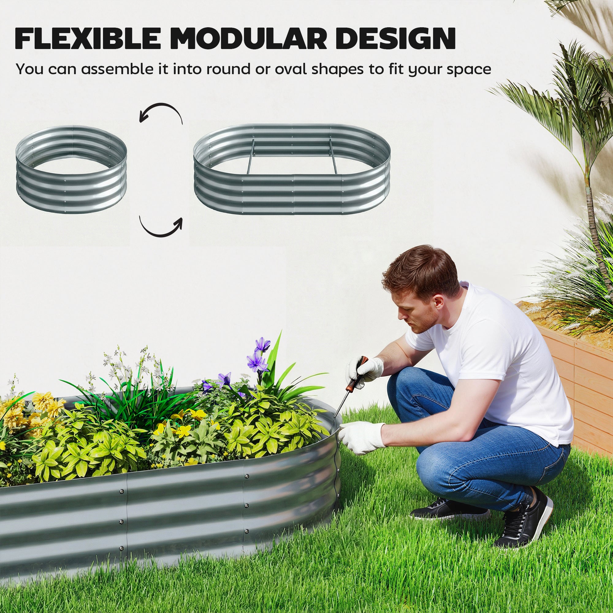 Galvanised Raised Garden Bed with Arched Trellis, 5 x 3 x 6ft Metal Outdoor Planter Box with Open Bottom, Silver