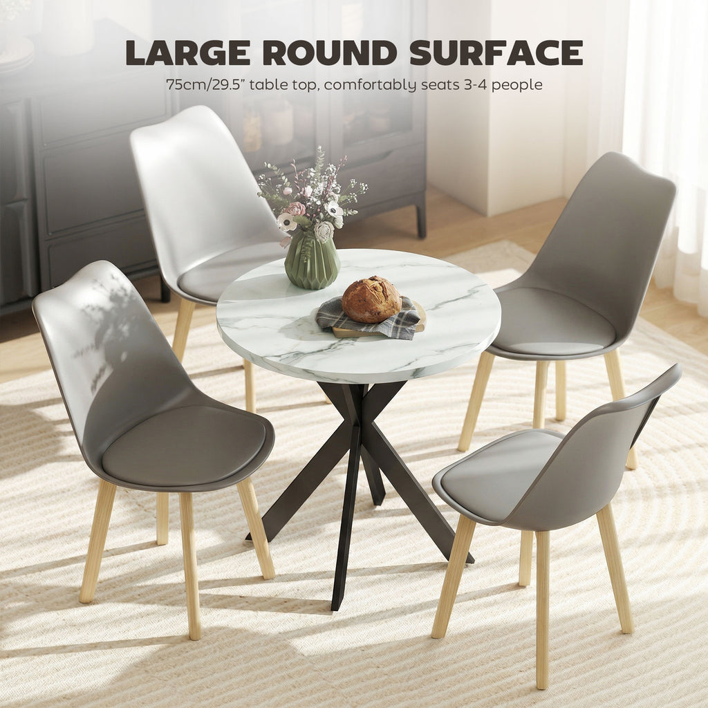 29" Dining Table, Contemporary Round Kitchen Table with Steel Legs, White Marble-Effect