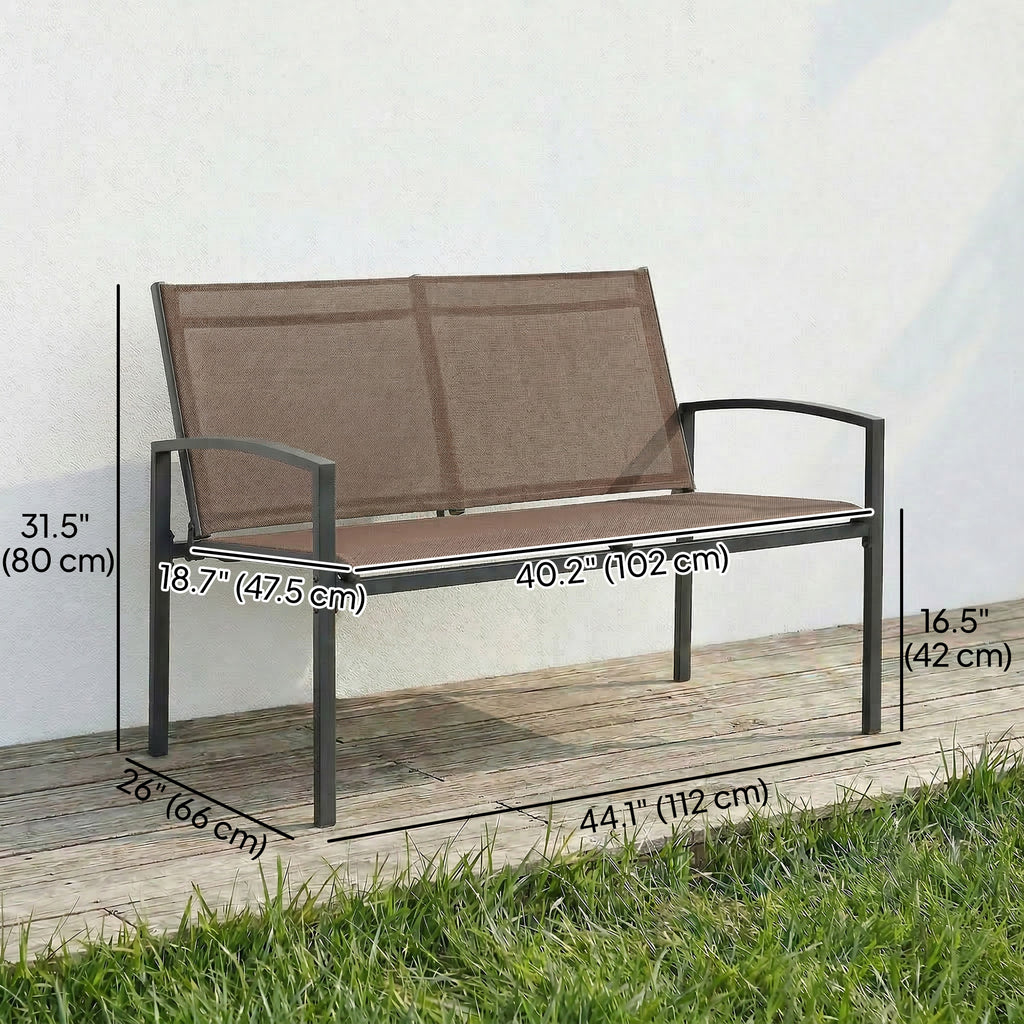 Outdoor Garden Bench, 44 in Metal Patio Garden Park Bench with Breathable Mesh Fabric, 528 lb Load Capacity, Dark Brown