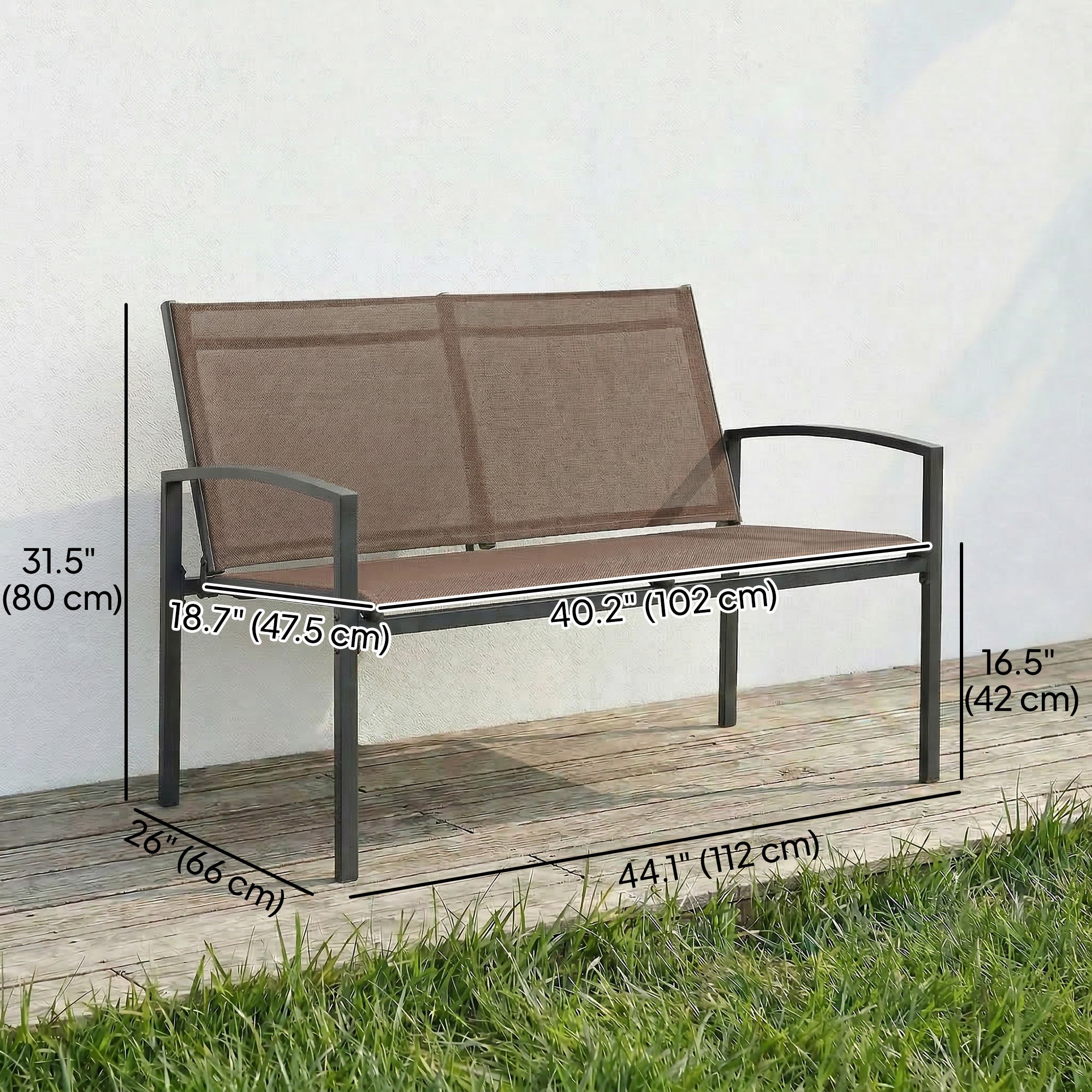 Outdoor Garden Bench, 44 in Metal Patio Garden Park Bench with Breathable Mesh Fabric, 528 lb Load Capacity, Dark Brown