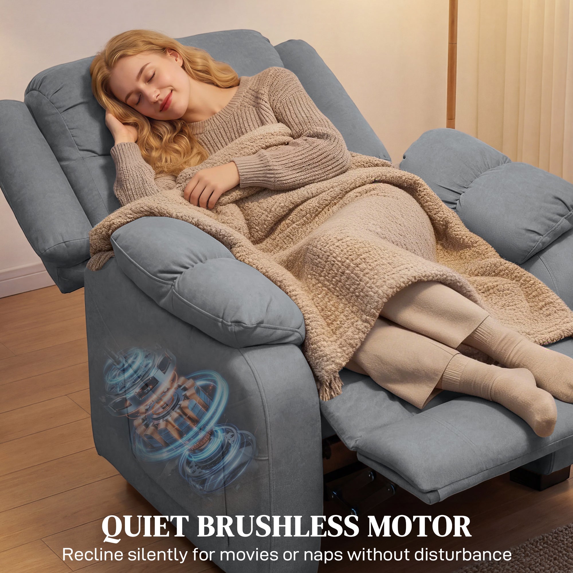 Massage Recliner Chair with Quiet Brushless Motor Pet-Friendly Fabric Power Recliner with 2 Memory Positions Grey