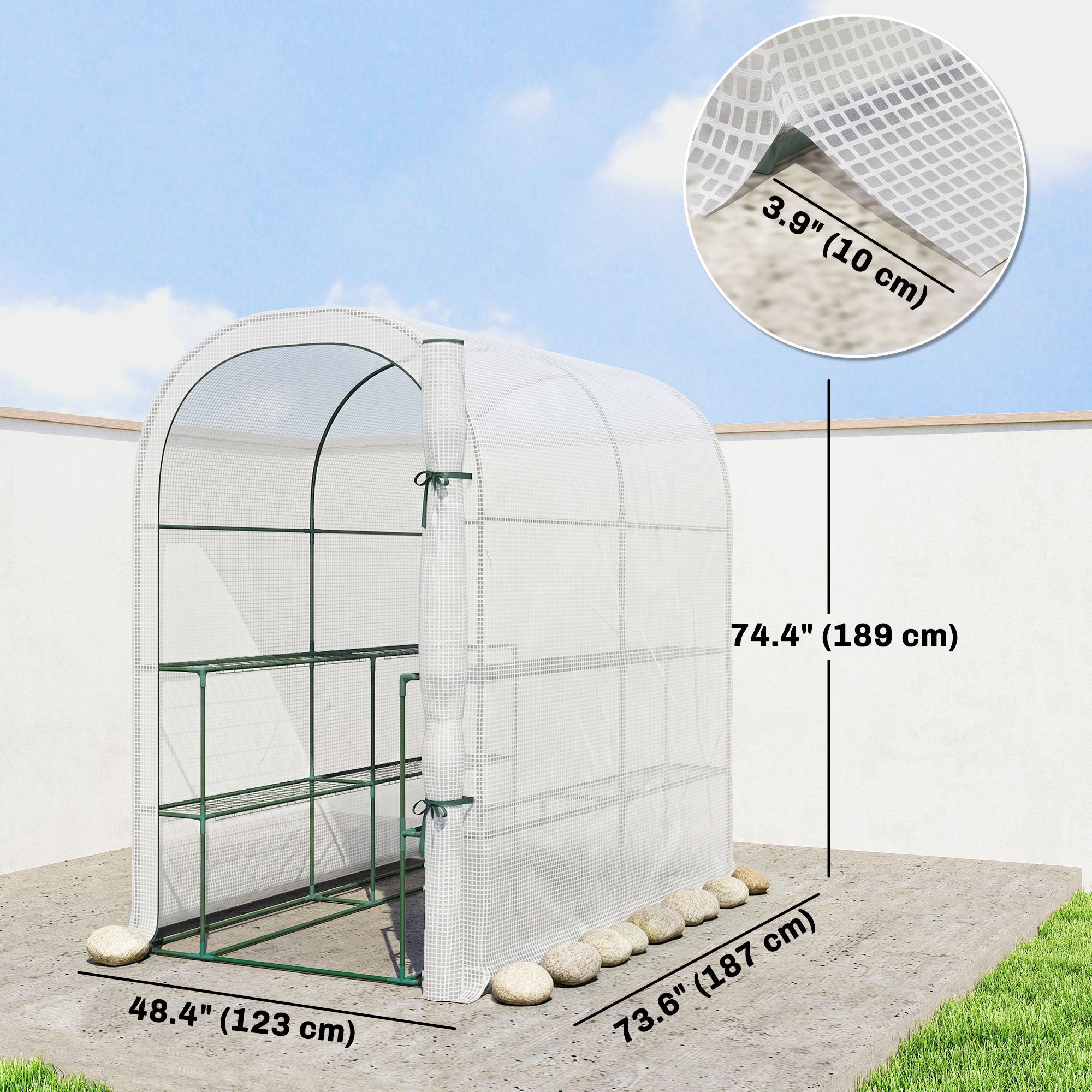Walk-in Mini Greenhouse with Shelves, Portable Outdoor Greenhouse with Roll-up Door, 123 x 187 x 189 cm, White