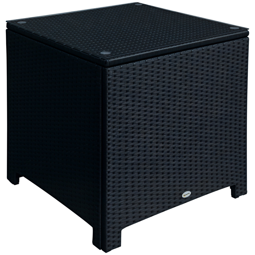 Rattan Side Table Wicker Coffee Table with Glass Top Outdoor Patio Furniture For Patio Poolside Garden Lawn, Black