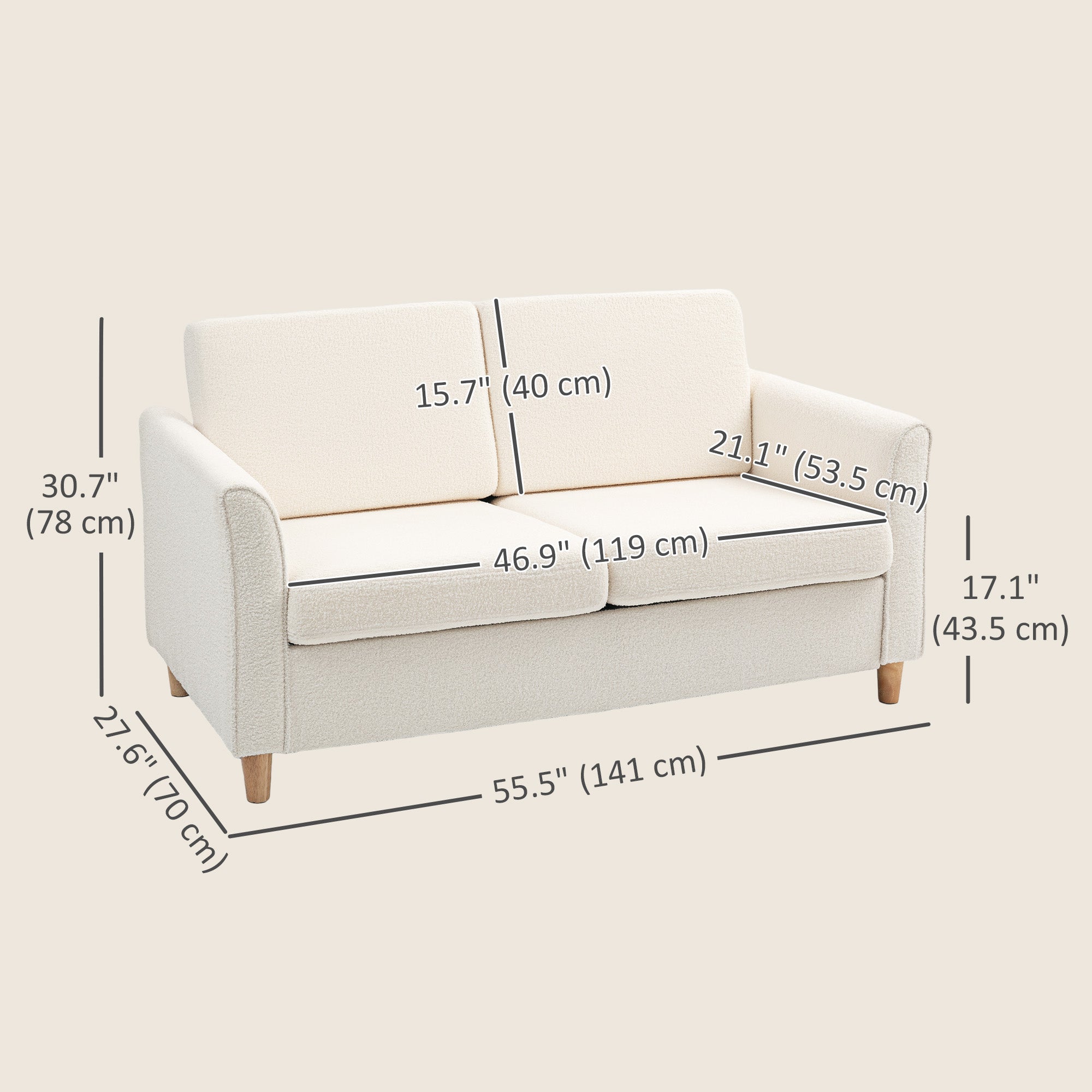 2-Seat Sofa Two-Seater Couch with Armrests and Wood Legs for Living Room, Bedroom, Cream White